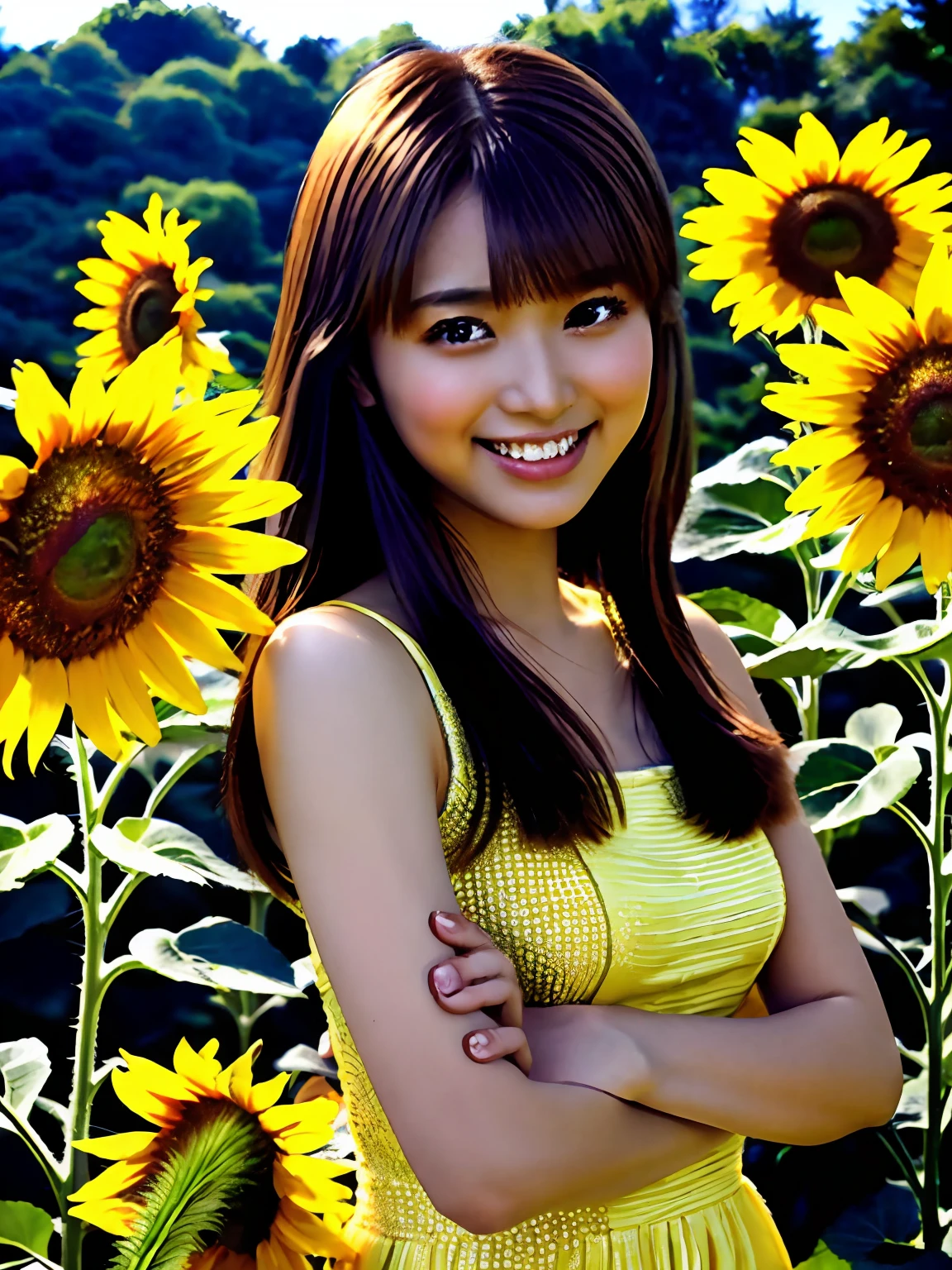 (top-quality、tmasterpiece:1.2)、ultra - detailed、(photographrealistic:1.4)、独奏、Cute little girl s、20yr old、light  smile、onepiece、sunflower_Background、huge tit、himawari