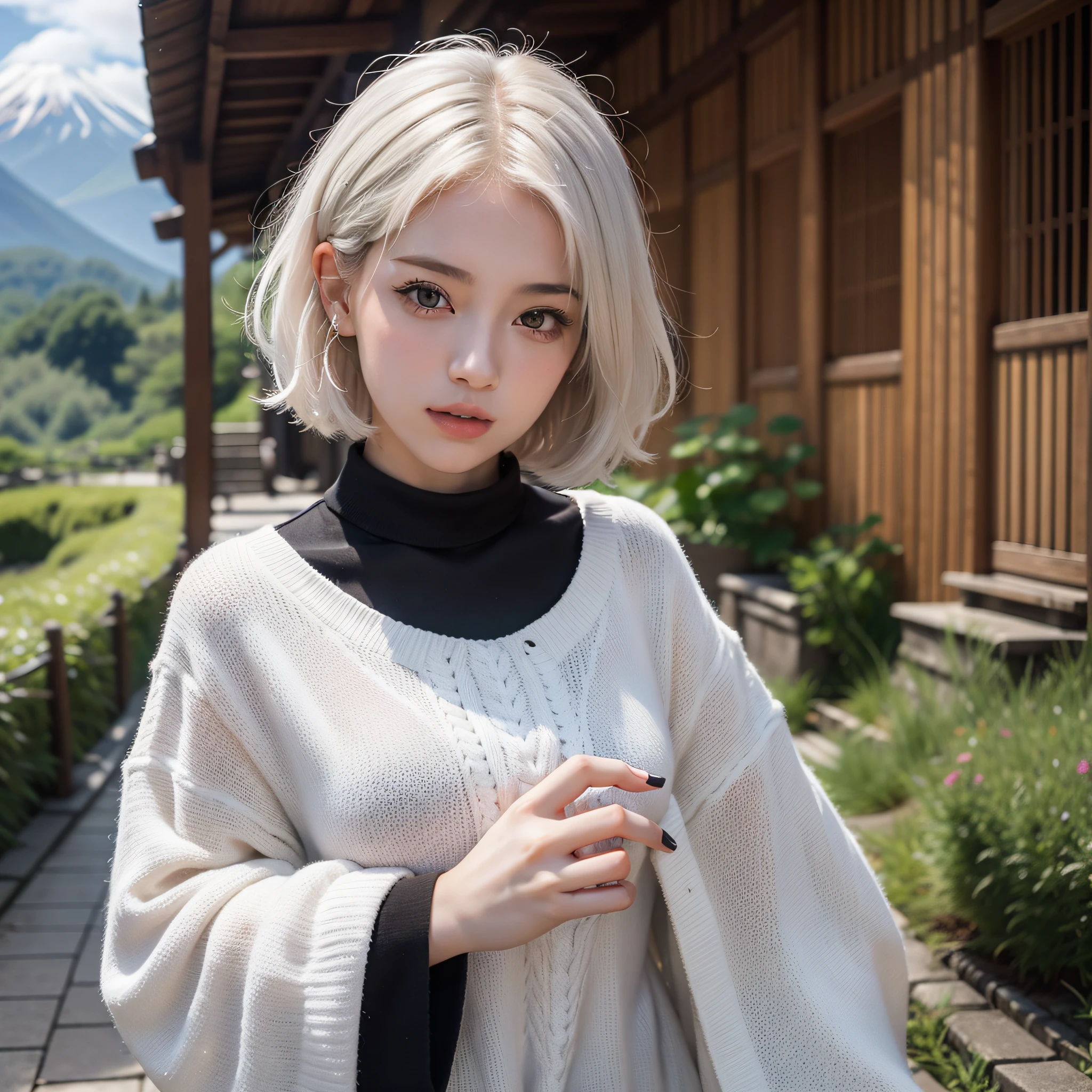 A European and American girl with short white hair and a gorgeous personality,In the magnificent background of Mt. Fuji