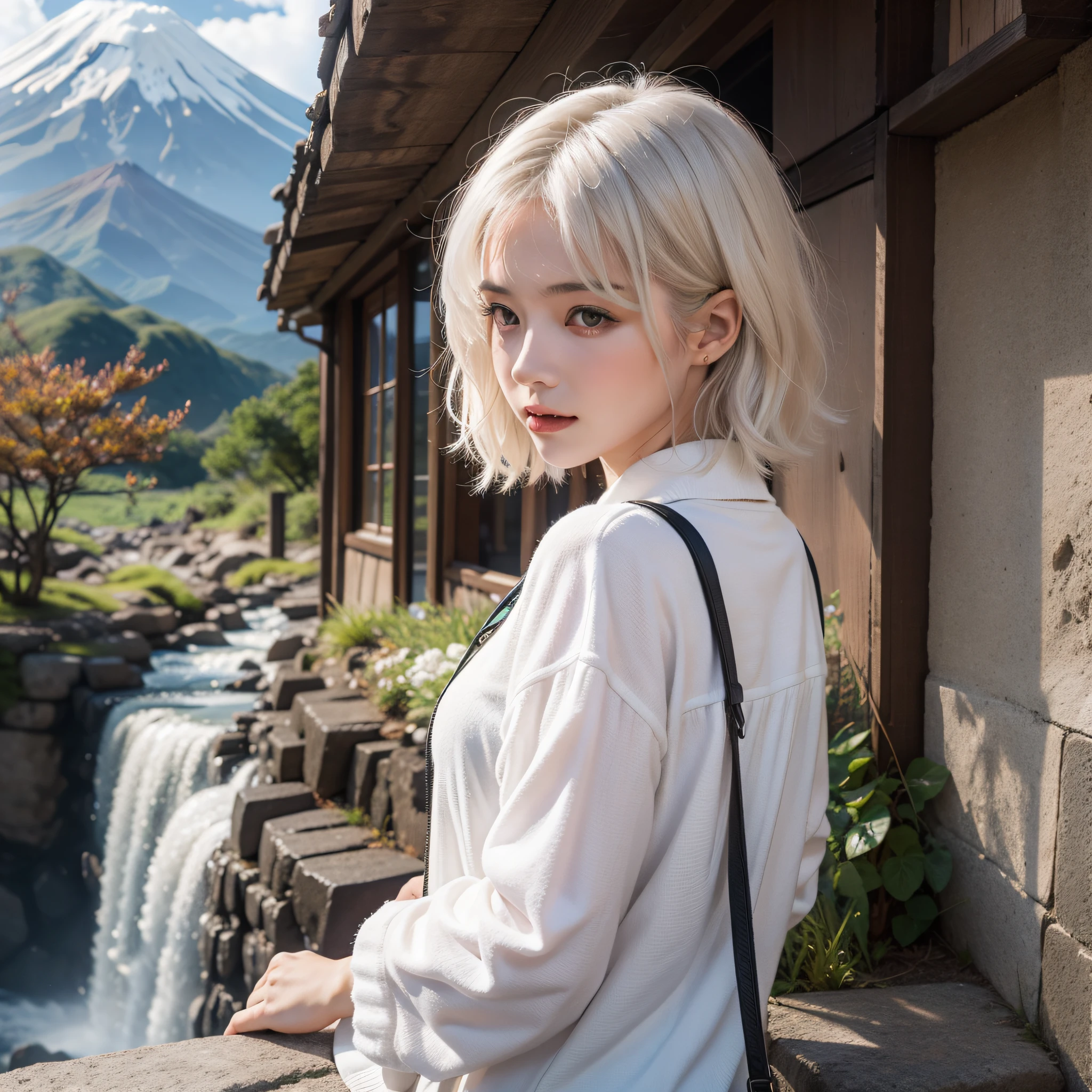 A European and American girl with short white hair and a gorgeous personality，In the magnificent background of Mt. Fuji