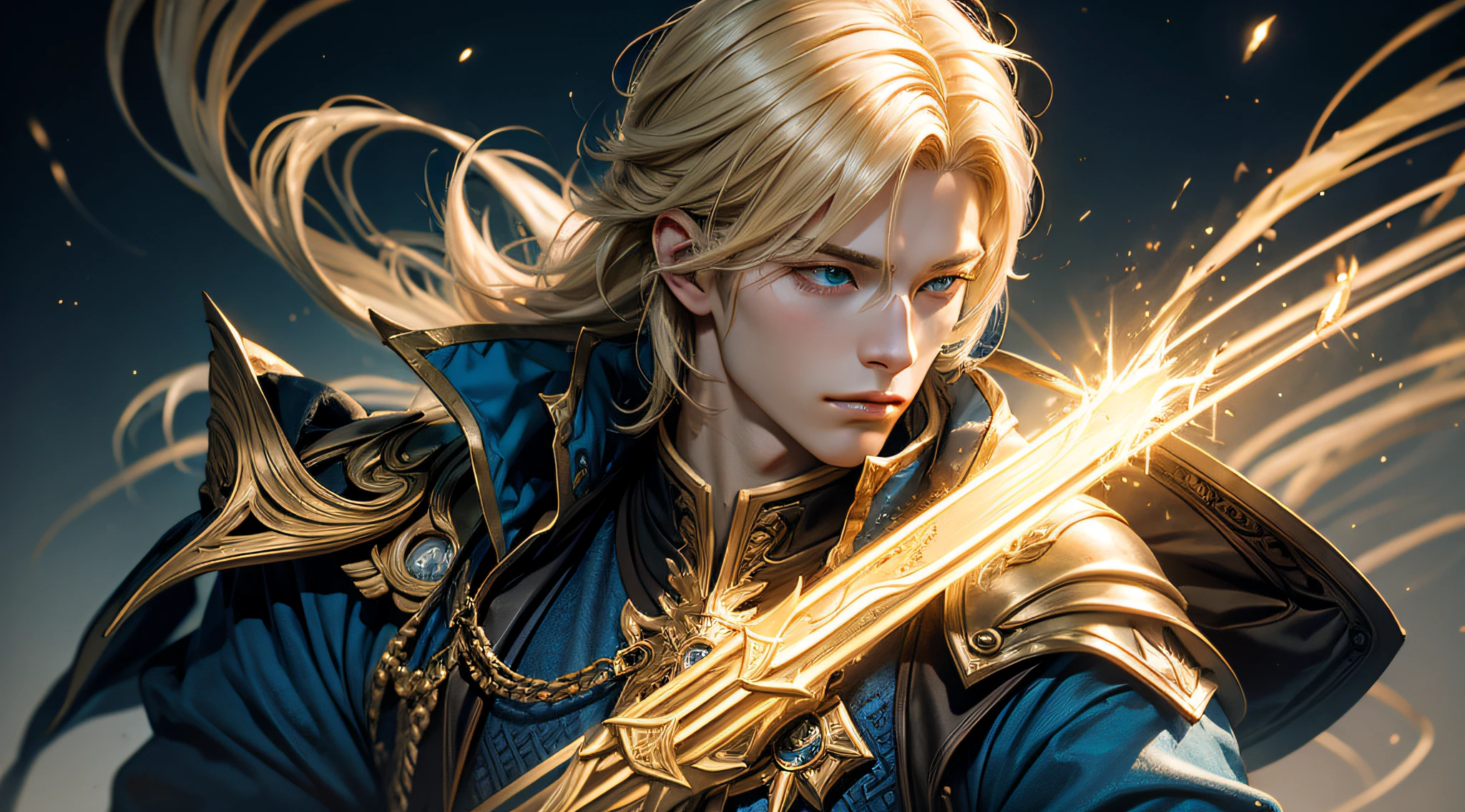 solo, 1man, there is a male character in a blue and gold outfit, portrait of magical blond prince, by Yang J, from lineage 2, male blonde ranger, heise jinyao, g liulian art style, lineage 2 revolution style, a portrait of a male , beautiful androgynous prince, beautiful male , fantasy male portrait, casimir art