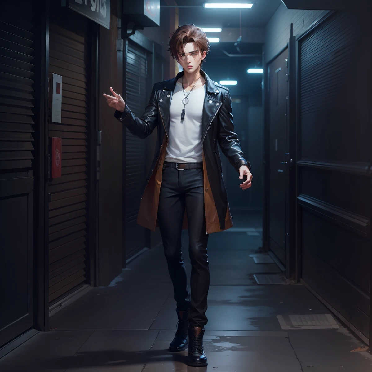 Cartoon anime image of a guy, Brown hair. A guy in a shirt and leather jacket, Ear piercing One full-length character, single character full body, The character of the whole body, Tall anime guy with blue eyes, anime vtuber full body model, Full body with costume, Male anime character, anime full body illustration, full - body!!, Full-body sprite, Visual Novel Sprite