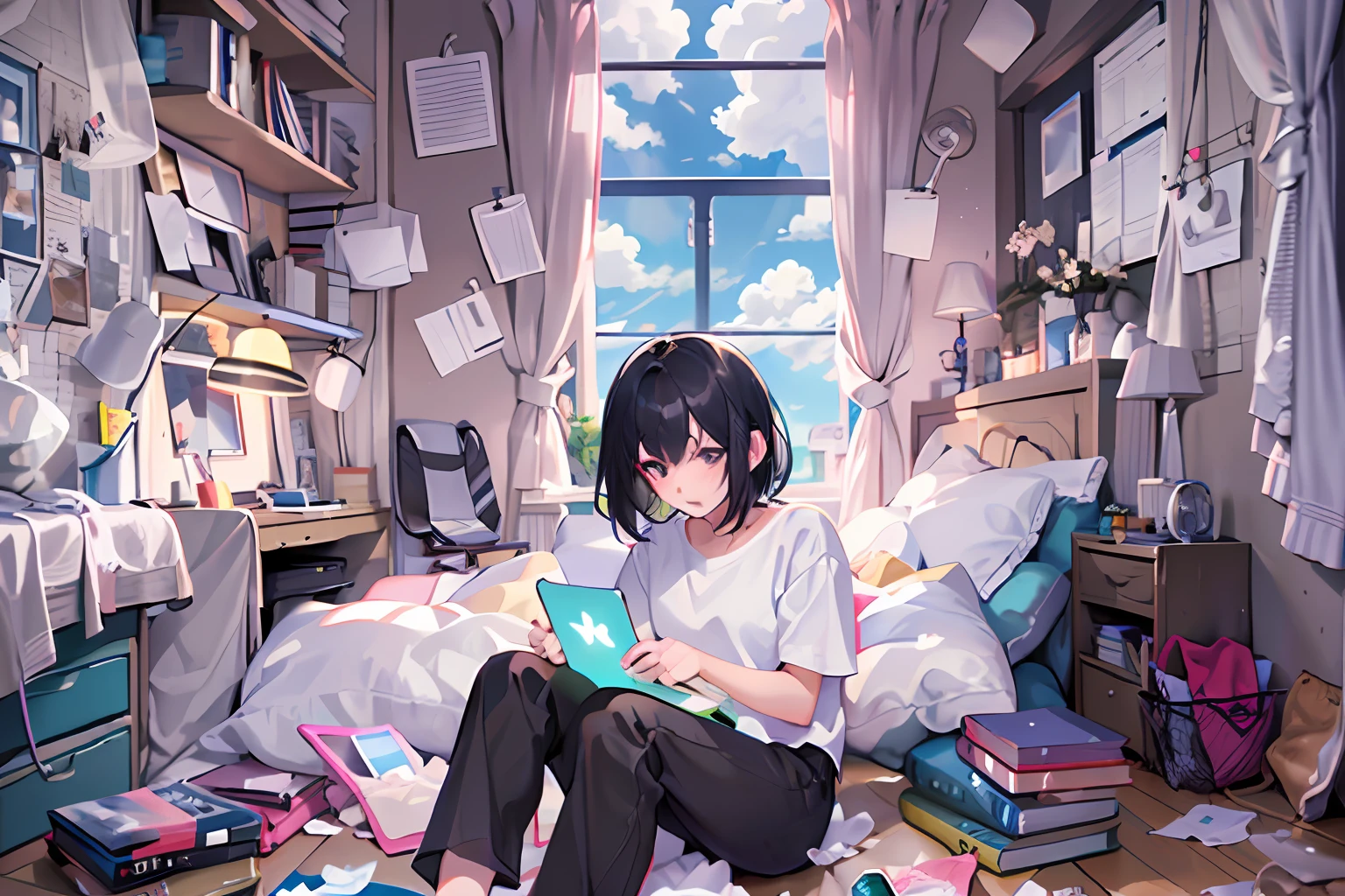 a portrait of college girl, solo, short hair, shirt, black hair, white shirt, lying, pants, cloud, indoors, cup, pillow, books, window, bed, chair, phone, black pants, table, bottle, curtains, desk, computer, laptop, tissue box, surreal, messy room