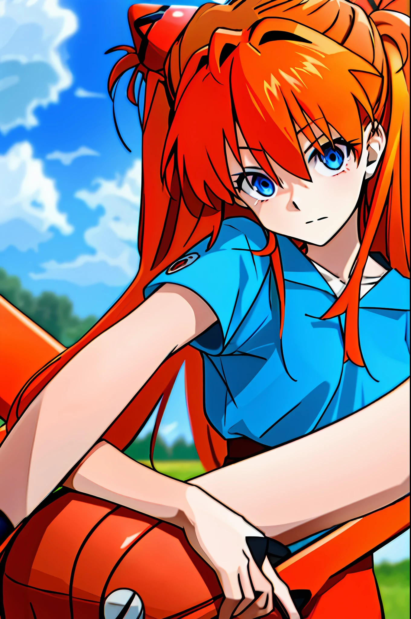 asuka，Blue eyes, Orange hair，sportrait，White color blouse，Evangelion Asuka，animemanga girl