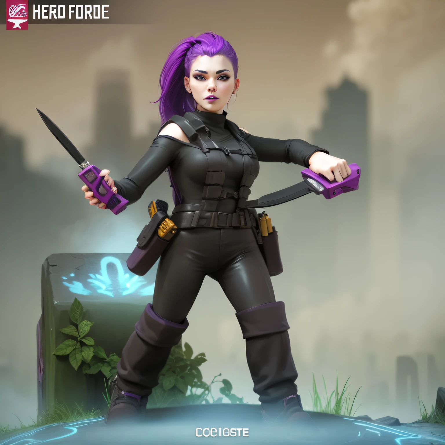 woman, young, 23 years old, sexy, holding two knives, purple hair, purple lipstick.