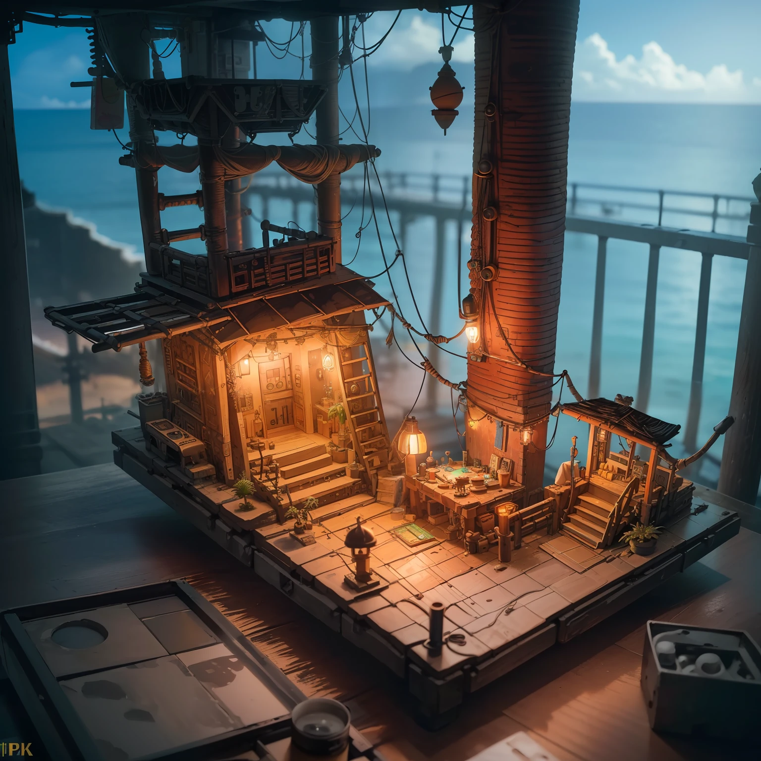 mini\(ttp\), (8k, RAW photo, best quality, masterpiece:1.4),(javapunk:1.5),Lots of connecting pipes,(balipunk:1.5),(cannabispunk light:1.2),on desk,in a miniature box,isometric, miniature, landscape on foundation