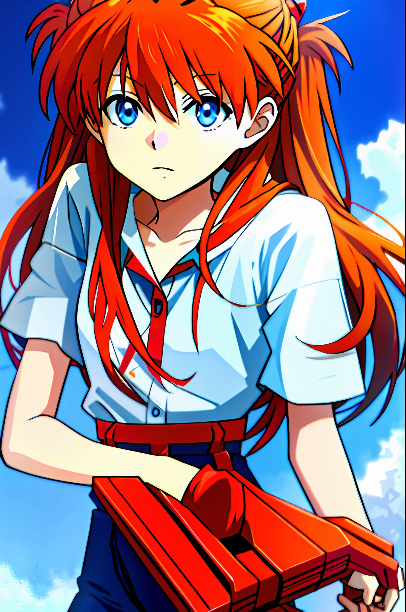 asuka，Blue eyes, Orange hair，sportrait，White color blouse，Evangelion Asuka，animemanga girl