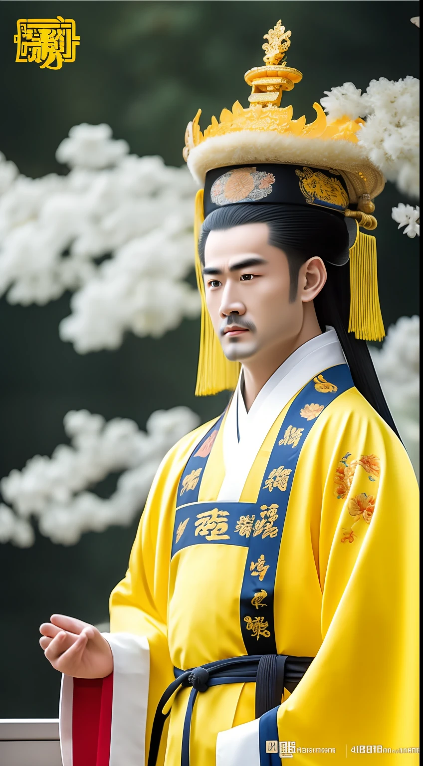 Masterpiece, Highest quality, (solofocus),, (High detail: 1.1),dojo,Yellow robe, Man, chinese crown, 1人,and white hair,超高分辨率 , Detailed background, realisticlying, wearing a detailed and intricate xianxia antique outfit
