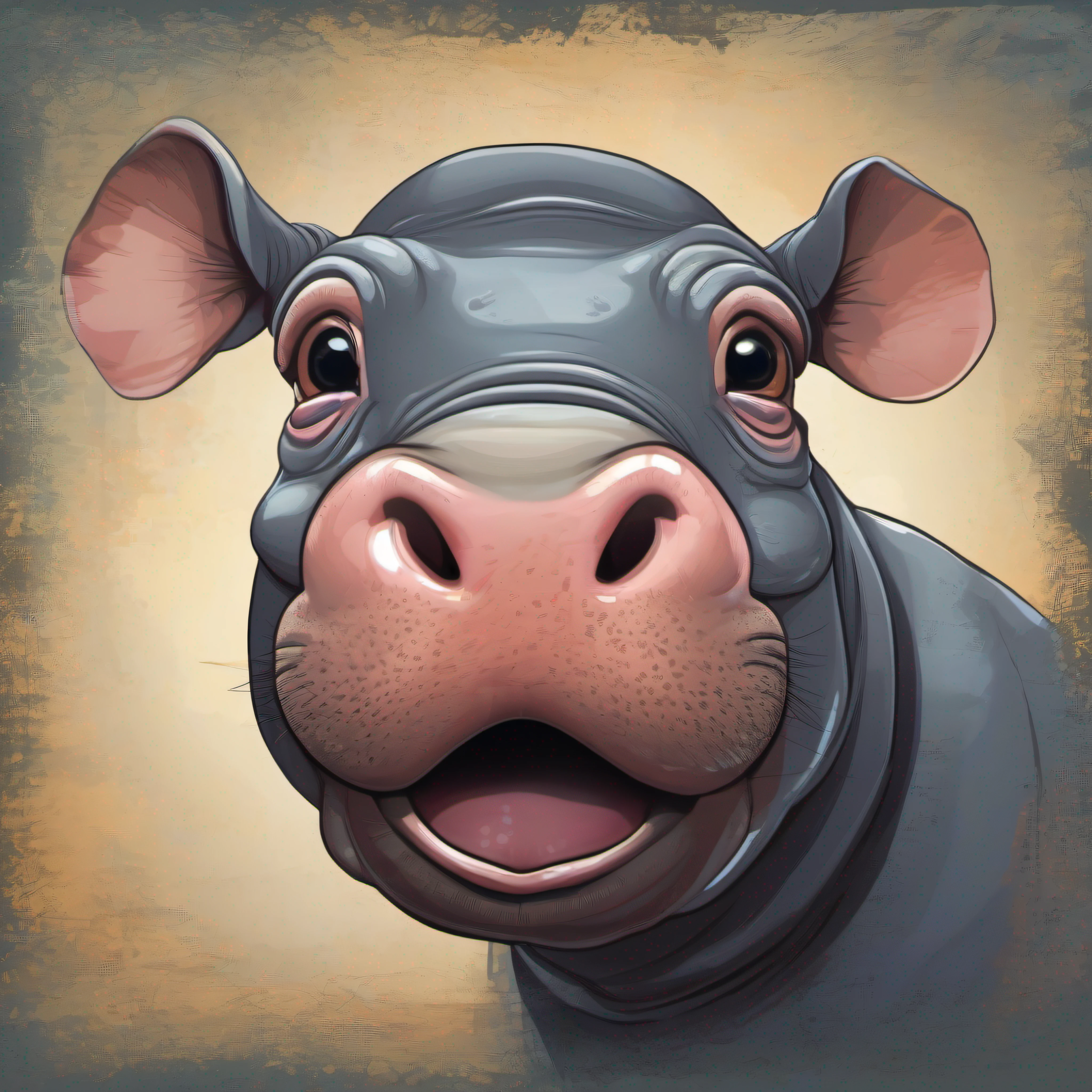cartoon hippo with small ears and big head, hippo, hippopotamus, “portrait of a cartoon animal, pygmy hippopotamus, hippo face morphed, big head, rhino, mascot illustration, pig, rino, highres, hd illustration, cel shaded vector art, cutie, big nose, riding a hippo, official illustration
