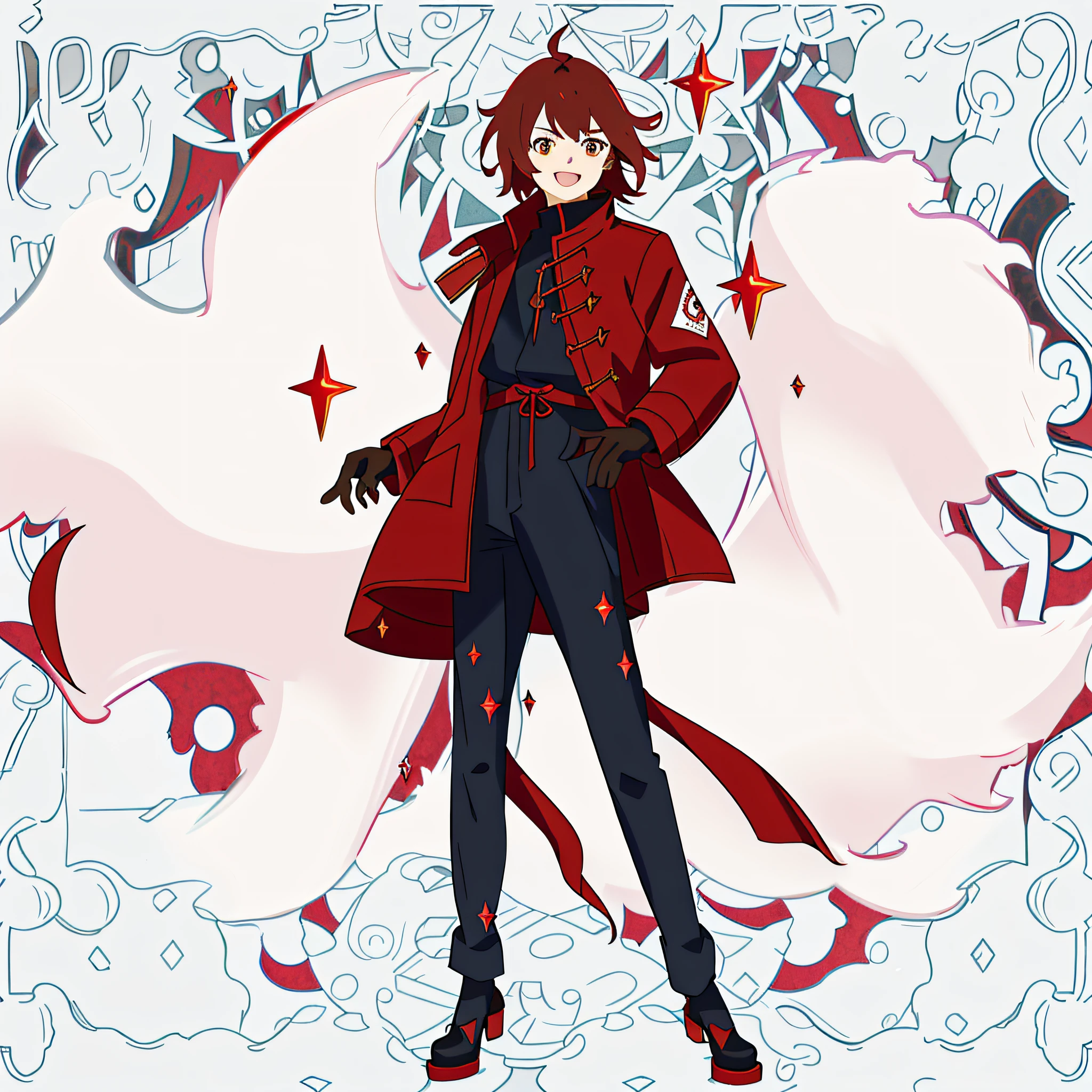 with short brown hair，short length bangs，Laughing maniacally，The hand is pointing forward somewhere，Boyish，Handsome，Frozen background，Red coat，The breath of frost，Fusion of the Dragon King Ninja Goto art style+A girly style created by Yuki Ogura