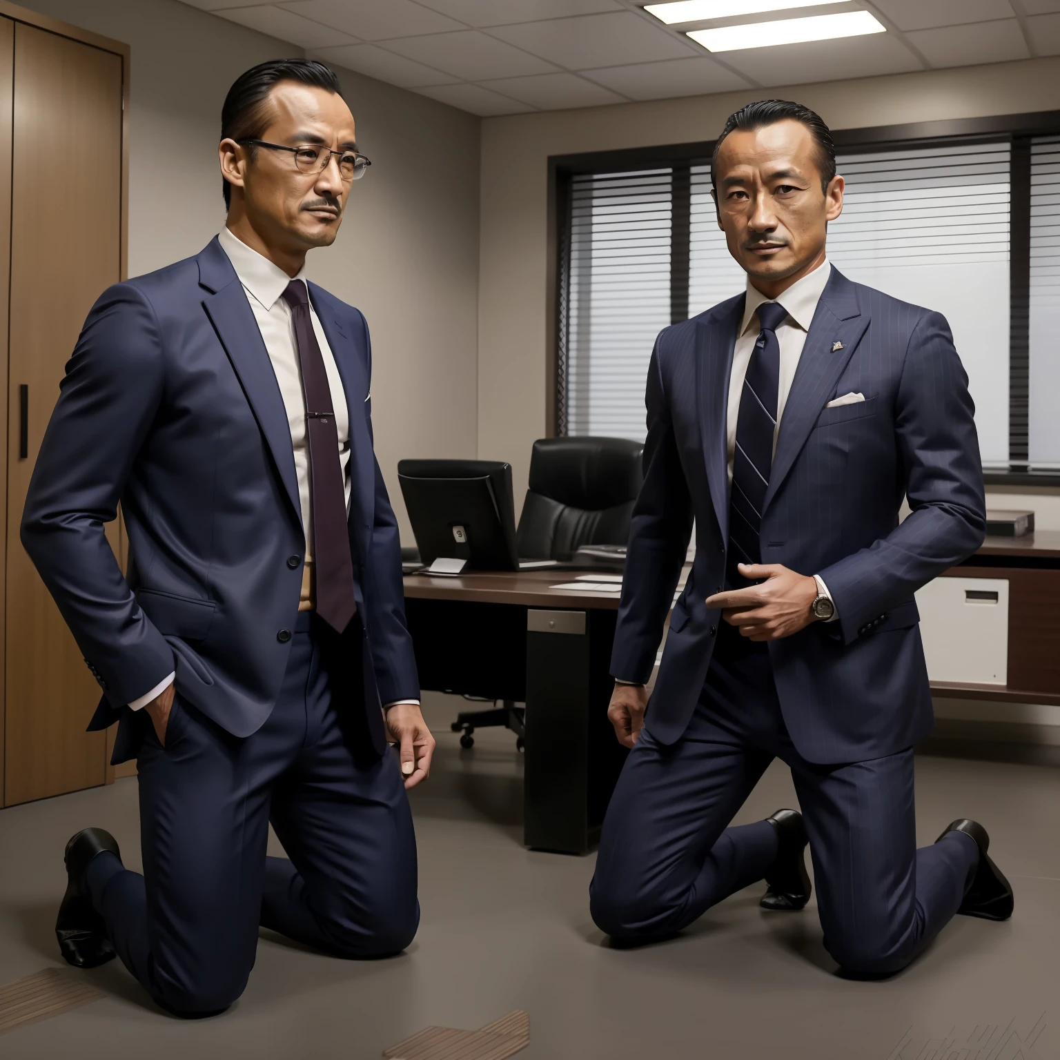 50yearsold，Hidetoshi Nakata，（Kogoro Mouri 1.3），Shirtless，Tong，Bulge，office room，black long socks，Thin，musculature，lbeard，fortitude，artwork of a，tmasterpiece，k hd，ssmile，tightsuit，Kneeling，two guys