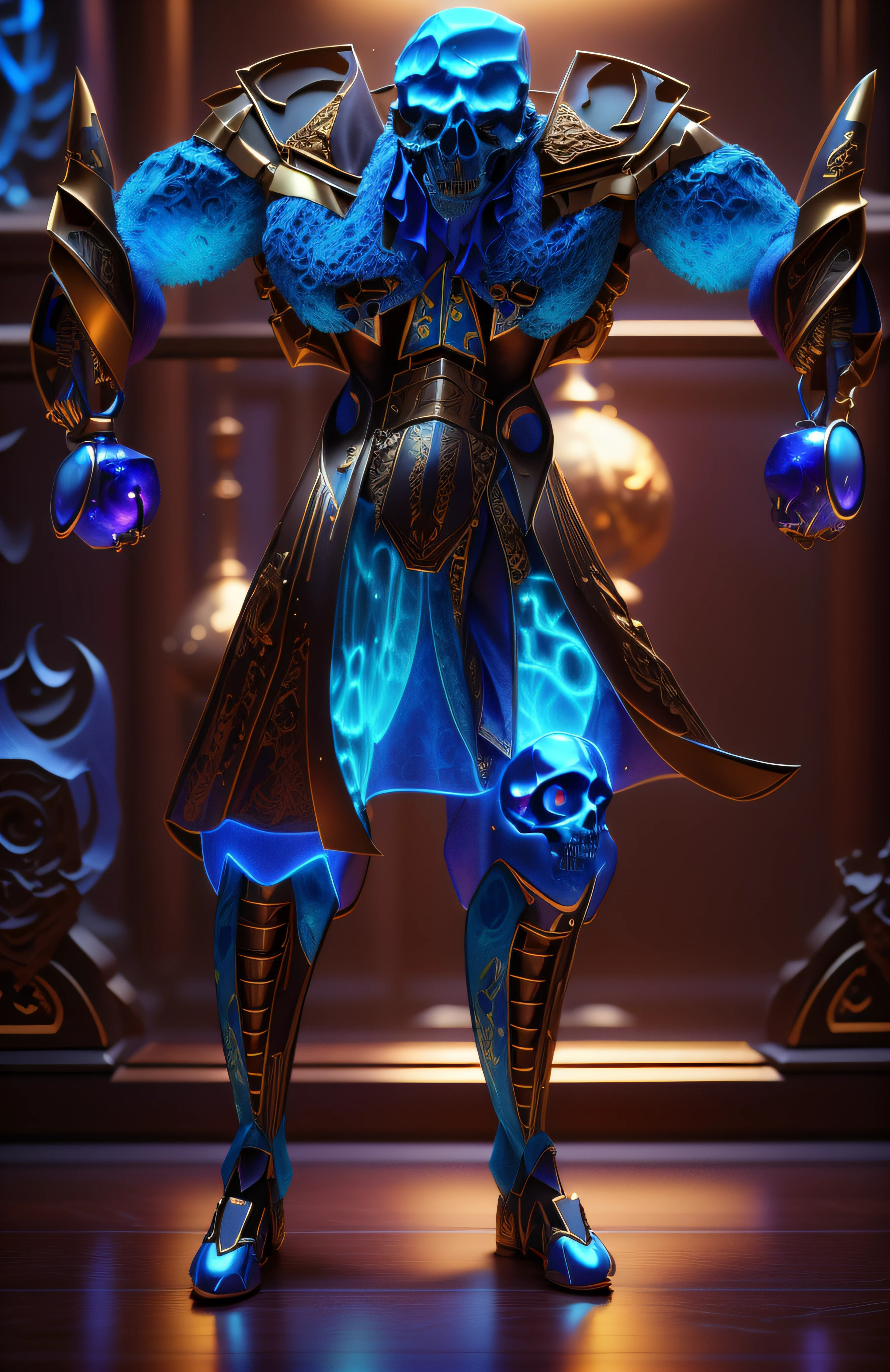 The sinister depiction of a skull-themed pirta, azul luminoso com dourado, pele feita de neon amarelo, 3D-rendering, Hyper-realistic graphics, 3D-rendering, 8k, NVIDIA, RTX 4090 | | | | | | | | | |, ray tracing, Bokeh, Galaxy scenery,