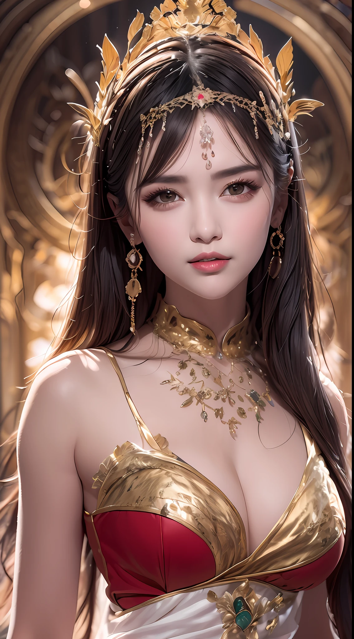 Portrait of a young 20-year-old saint, a saint with a beautiful and super cute face,Wearing a thin red dress with gold edging and glittering and sexy, Ao dai is studded with small sparkling pearls, beautiful cute face, Ao dai with a deep slit in the chest and attractive black and white lace trim, beautiful face without blemishes, Lovely smile, ((7-color hair length:1.2)), big crown, hair brooch, hanfu dress, chinese ancient style, full body jewelry, forehead tattoo, The female saint's breasts are round and very full, breast augmentation, innocent face, The most beautiful and detailed light red lipstick, ((Thin plump lips:0.3)), ((Golden eyes:1.2)), The eyes are delicately decorated,(white and detailed) cinematic, light and dark, dramatic lighting, magical light, extremely detailed light, true color, super sharp, realistic, 8k quality, fantasy universe background, saints and magical space, the most detailed images, Solo, a saintess, ((looking directly at the saint's upper body:0.4)), ((smooth skin:0.5)), Extremely detailed pixels, super true, extremely detailed and complex graphics, the highest resolution, close-up portrait,