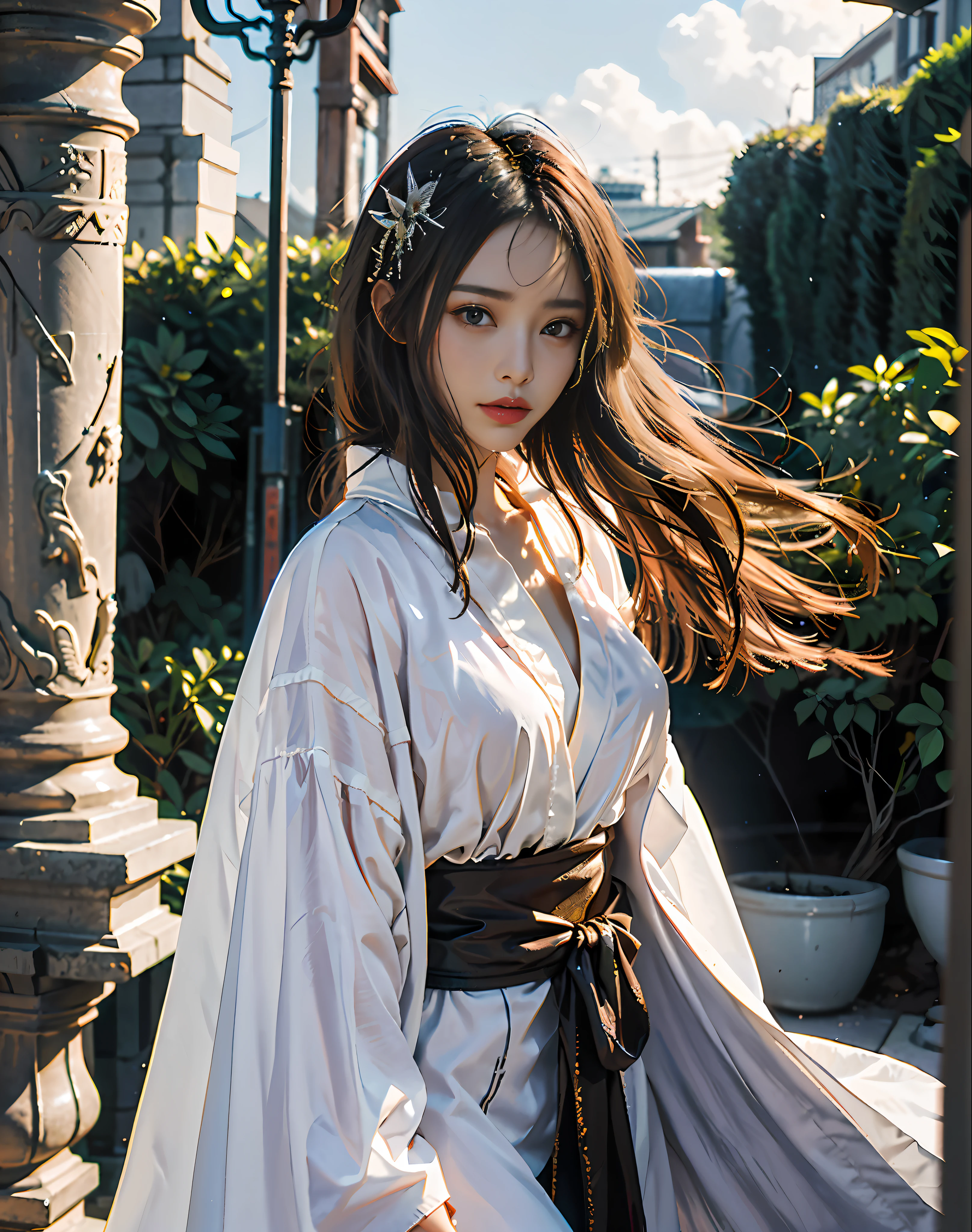 Woman in white dress posing for photo in outdoor environment, White Hanfu, Palace ， A girl in Hanfu, flowing hair and long robes, Hanfu, Hanbok, flowing white robe, with acient chinese clothes, wearing white silk robe, komono, sakimichan, Japanese goddess, flowing white robe, portrait shooting, korean hanbok