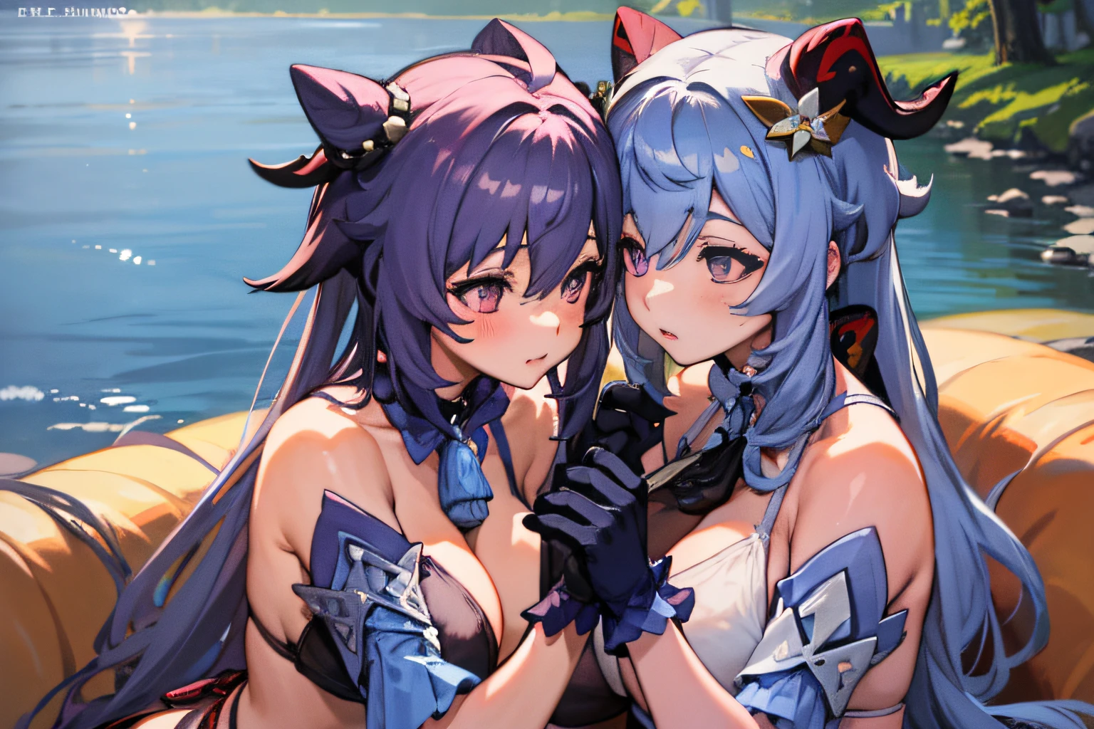 (2 Girls 1.4), (Person 1 Use lora1 Keqing Genshin Effects), (Person 2 Used lora2 Ganyu Genshin)Two women were sitting on the floor and one was holding a knife in hand....., One woman carries another woman....., Sit with your wrists together....., Two beautiful girls in love, Two women....., Lesbian Art, Homosexual girl groups, Handshake, vector art illustration, flat illustration, Flat shading illustration, Lie down with your wrists together....., two girls, lesbian, Embrace Lesbians,(2:Girls together......), (NSTDA.:1.2), (10, beste-Qualit, master-piece: 1.4), ultra-high resolution, (lifelike, photorealistic portrait: 1.48), 20 age, Cute Girl, (See through the bikini beetle), Famous Japanese actors, beautiful clear eyes, G Cup Big Breasts, Head tilt., cowboy shot, from the side, looking at the audience, expressionless, Beautiful lake, Zeiss 150mm F/ 2.8 Hasselblad, Around the lake there are high mountains surrounded by striped mountains........, Whole body, foot, Ultra-Wide Angle, The backyard is a beautiful sea.......................................................... ,