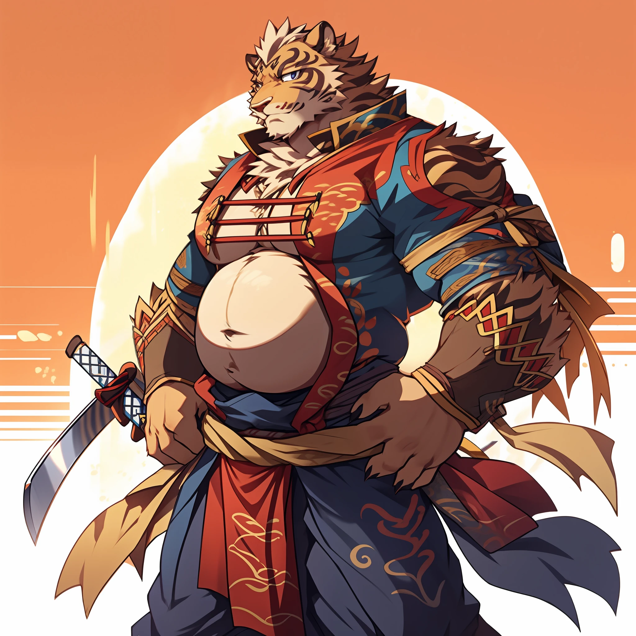 Lin Hu，musculature，tit，Fat Chubby，Wear a katana，potbelly，Plump and firm，Huge protrusions on the lower body，Wear a katana，Samurai style，carrying swords on his back，Five fingers，byself，Put your hands in your pockets