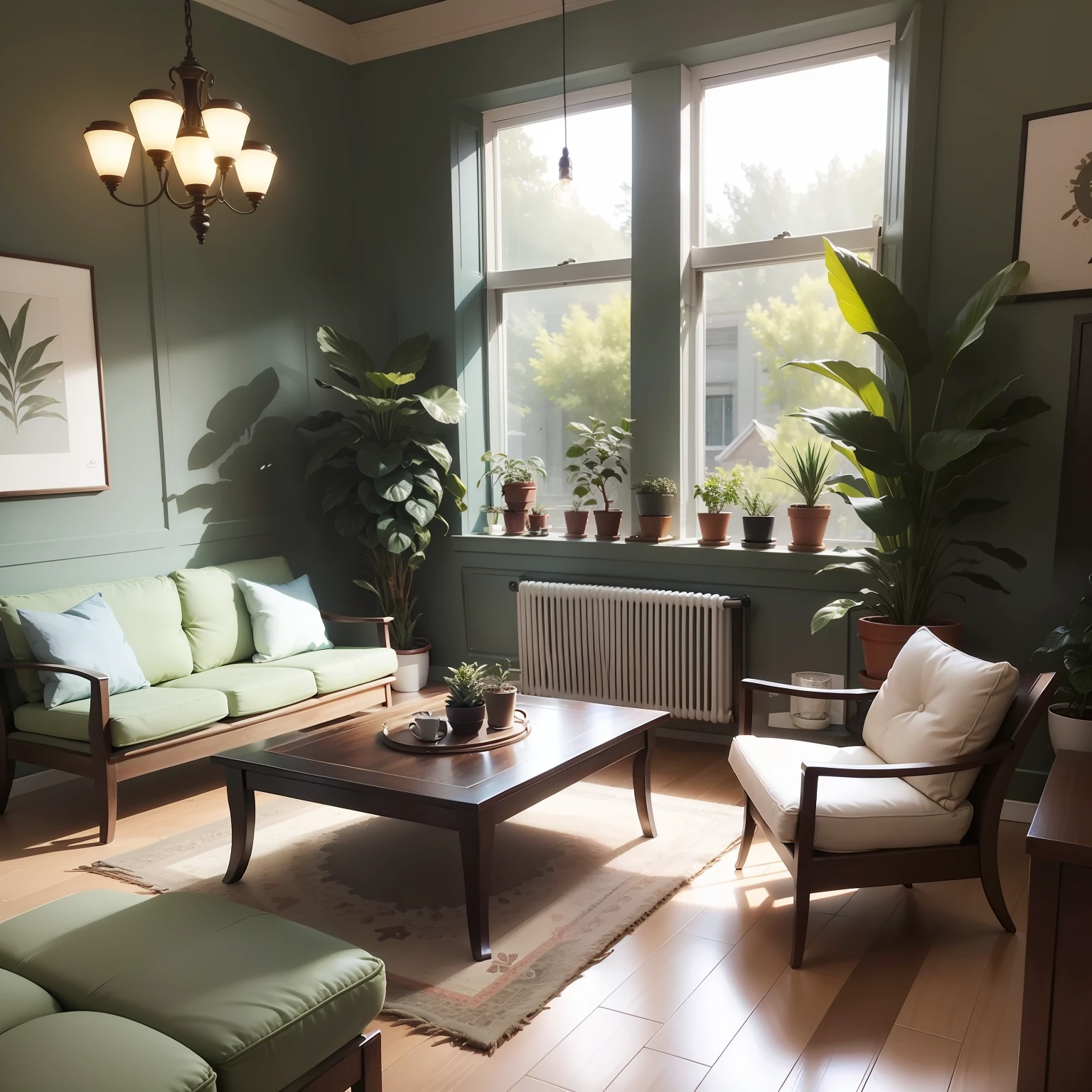 Stylish coffee shop Coffee tables and chairs Stylish lighting Sunshine、houseplant