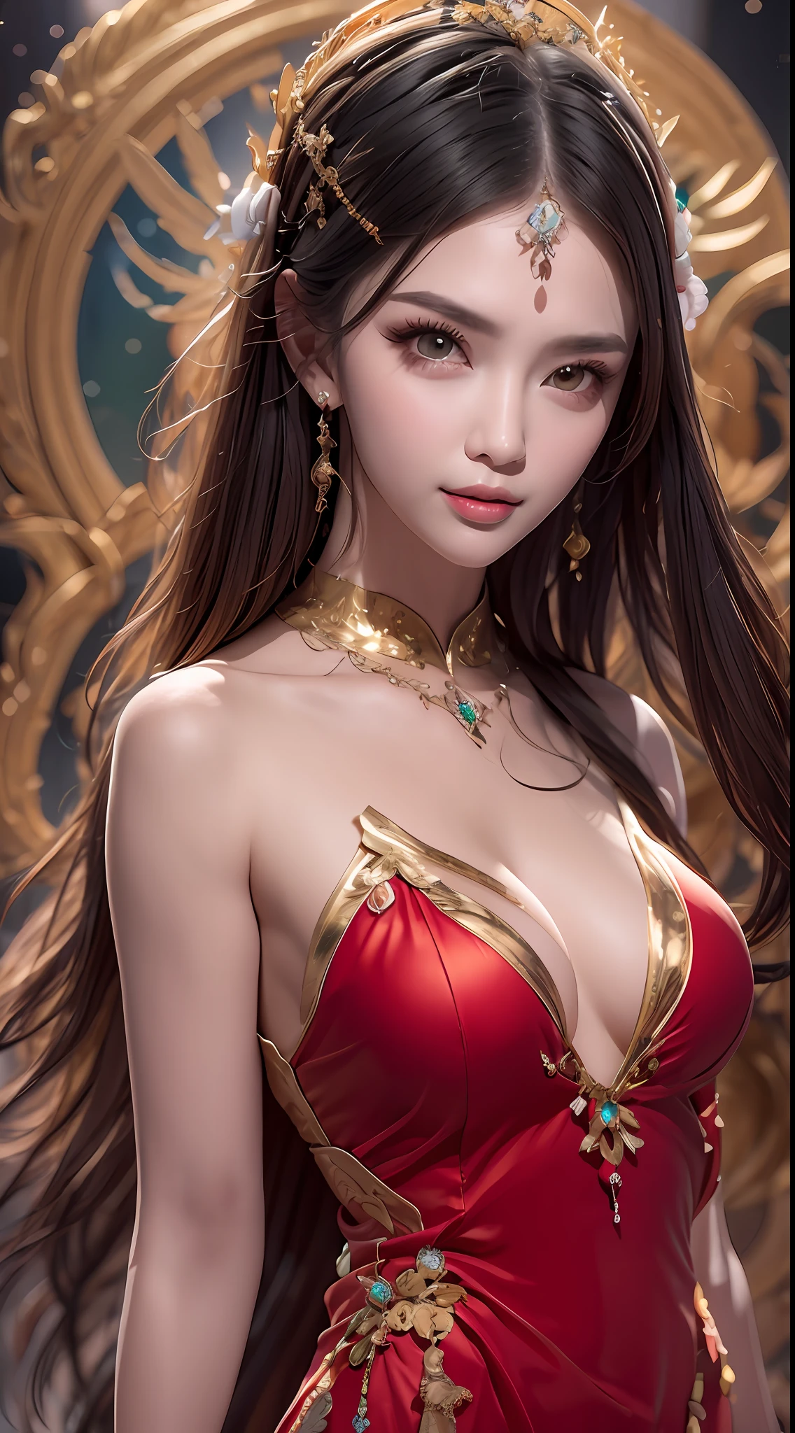 Portrait of a young 20-year-old saint, a saint with a beautiful and super cute face,Wearing a thin red dress with gold edging and glittering and sexy, Ao dai is studded with small sparkling pearls, beautiful cute face, Ao dai with a deep slit in the chest and attractive black and white lace trim, beautiful face without blemishes, Lovely smile, ((7-color hair length:1.2)), big crown, hair brooch, hanfu dress, chinese ancient style, full body jewelry, forehead tattoo, The female saint's breasts are round and very full, breast augmentation, innocent face, The most beautiful and detailed light red lipstick, ((Thin plump lips:0.3)), ((Golden eyes:1.2)), The eyes are delicately decorated,(white and detailed) cinematic, light and dark, dramatic lighting, magical light, extremely detailed light, true color, super sharp, realistic, 8k quality, fantasy universe background, saints and magical space, the most detailed images, Solo, a saintess, ((looking directly at the saint's upper body:0.4)), ((smooth skin:0.5)), Extremely detailed pixels, super true, extremely detailed and complex graphics, the highest resolution, close-up portrait,