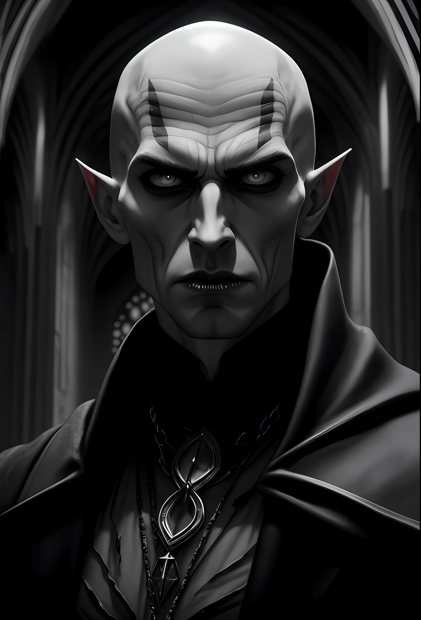 (((best quality)), ((masterpiece)), ((ultra realistic)), 55mm lens, (professional black and white portrait photograph), glamor photography, night time, low angle, terrifying male Nosferatu vampire lord, ((gaunt face, emaciated, haunting big eyes, bald, wrinkled skin)), long fangs, tattered robes, pasty skin, dark gothic cathedral interior, detailed background, best quality, soft cinematic lighting, sharp focus