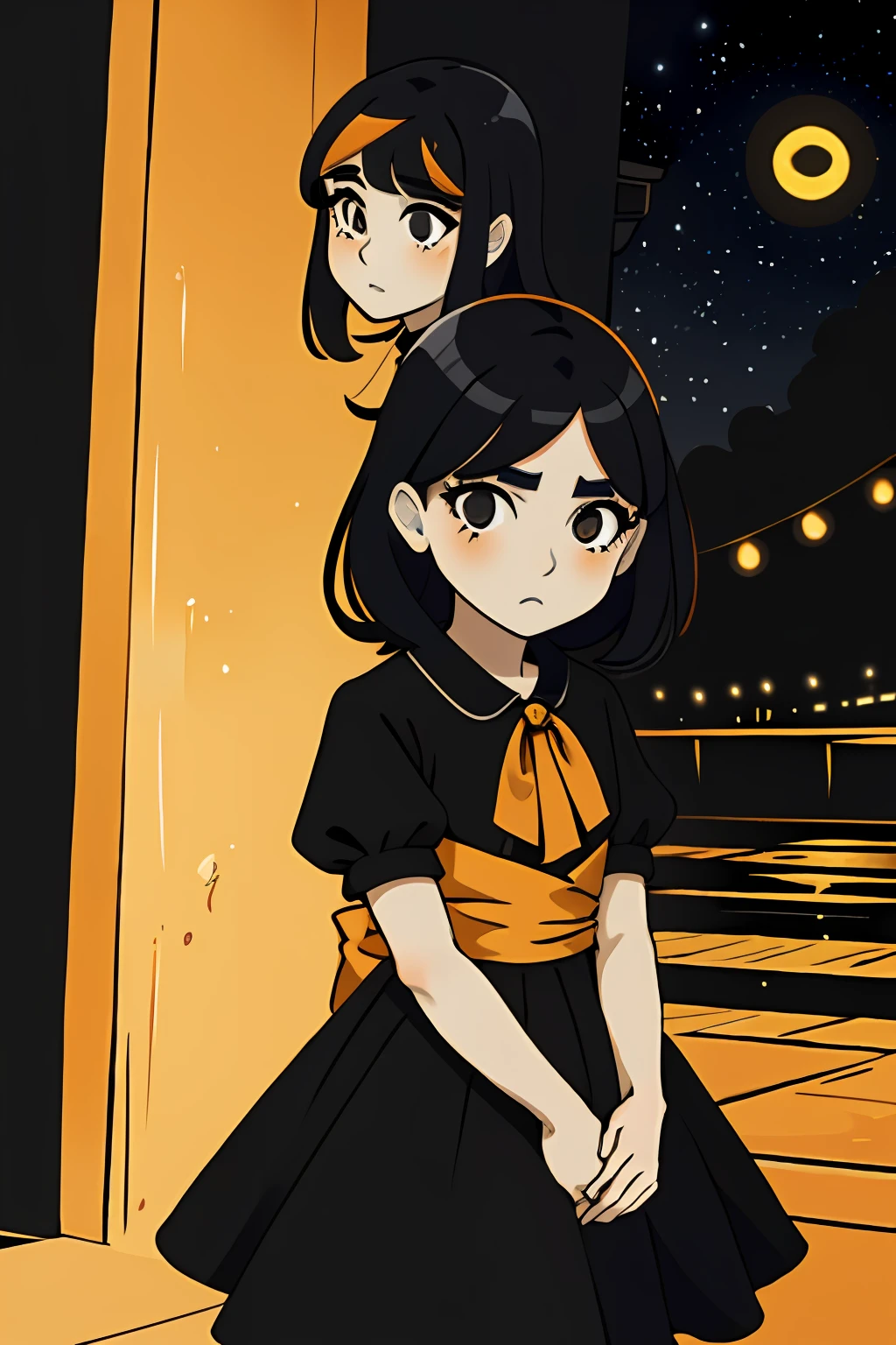 2girls, black hair, black eyes, orange hair, orange eyes, outside, night, stars, black dress,