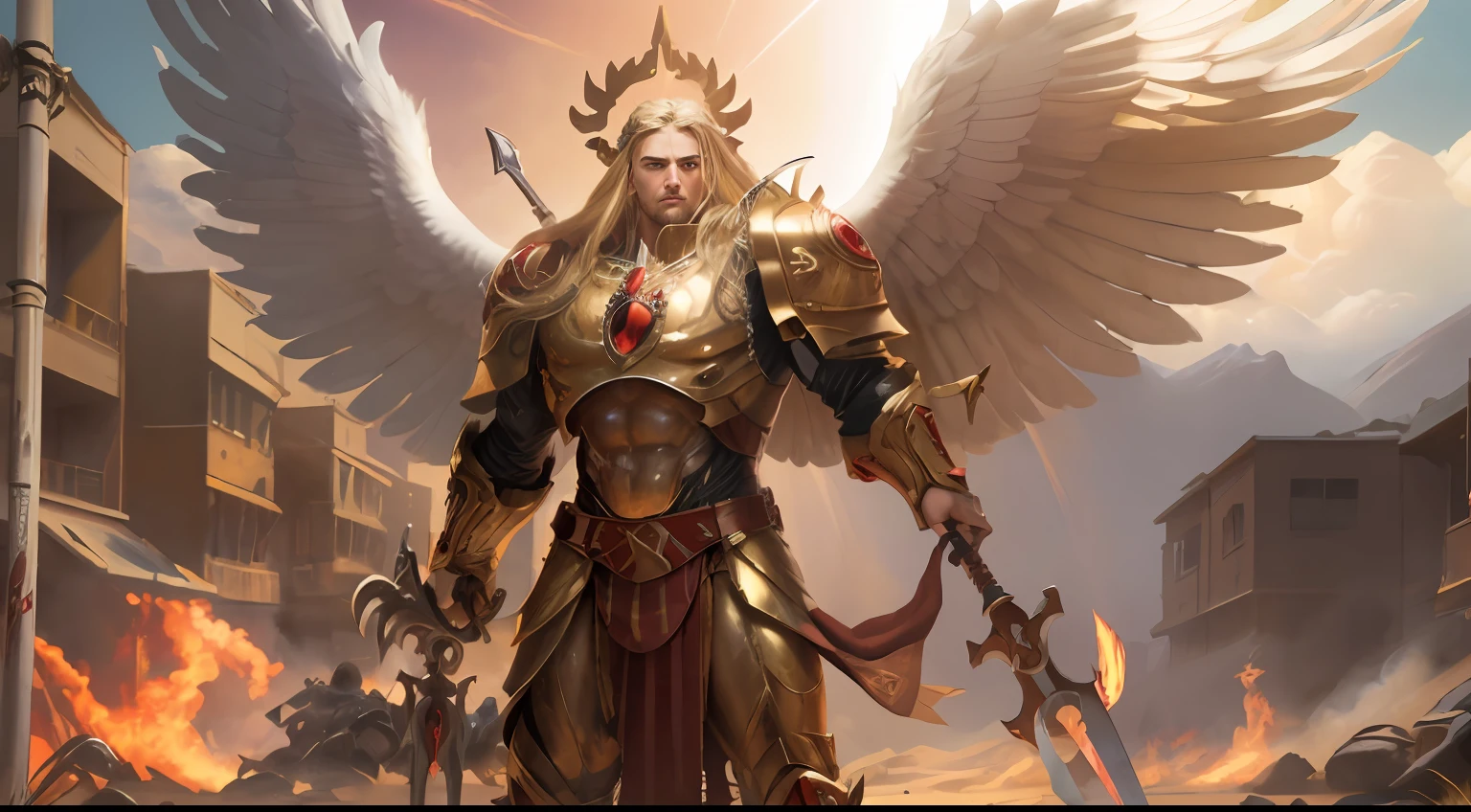 8K masterpiece, detailed, realistic, digital art, octane render, trending on artstation, action SHOT, movie poster,
multipleman, angelic features , 28 years old, tall stature, battle aged, ((solo:1.5)), full body, blonde hair, blue eyes, long hair,
full armor, power armor, laurel wreath, glowing halo, multiple wings, pauldron, angel, animal pelt, sword, spear,
blood, flame, destruction, desert wasteland, war background, dueling enemy, hectic battle,
(sanguinius),