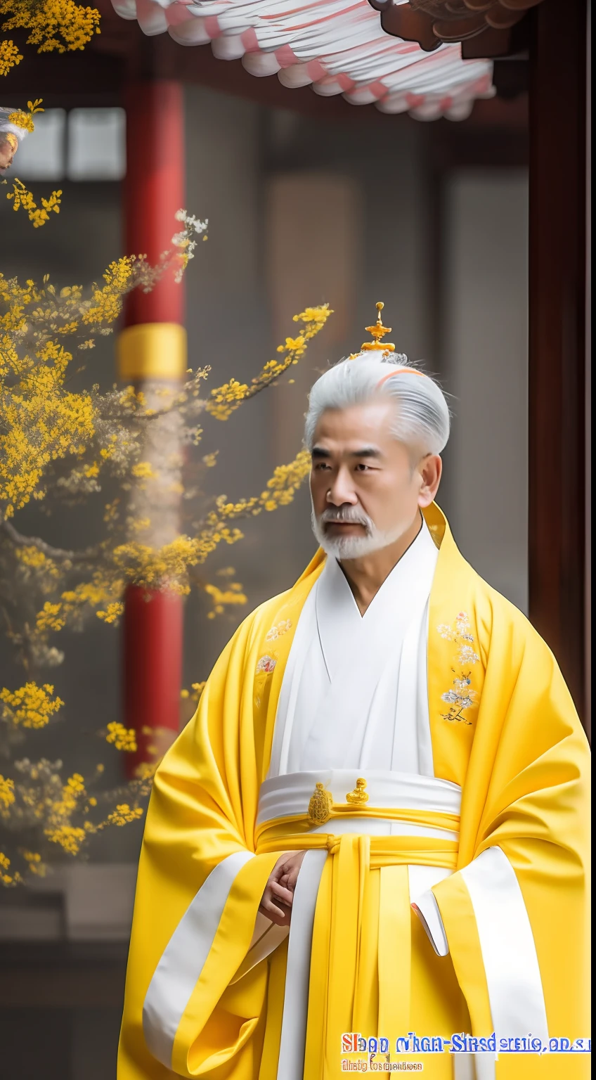 Masterpiece, Highest quality, (solofocus),, (High detail: 1.1),dojo，Yellow robe， Man, chinese crown, 1人,and white hair,超高分辨率 , Detailed background, realisticlying, wearing a detailed and intricate xianxia antique outfit