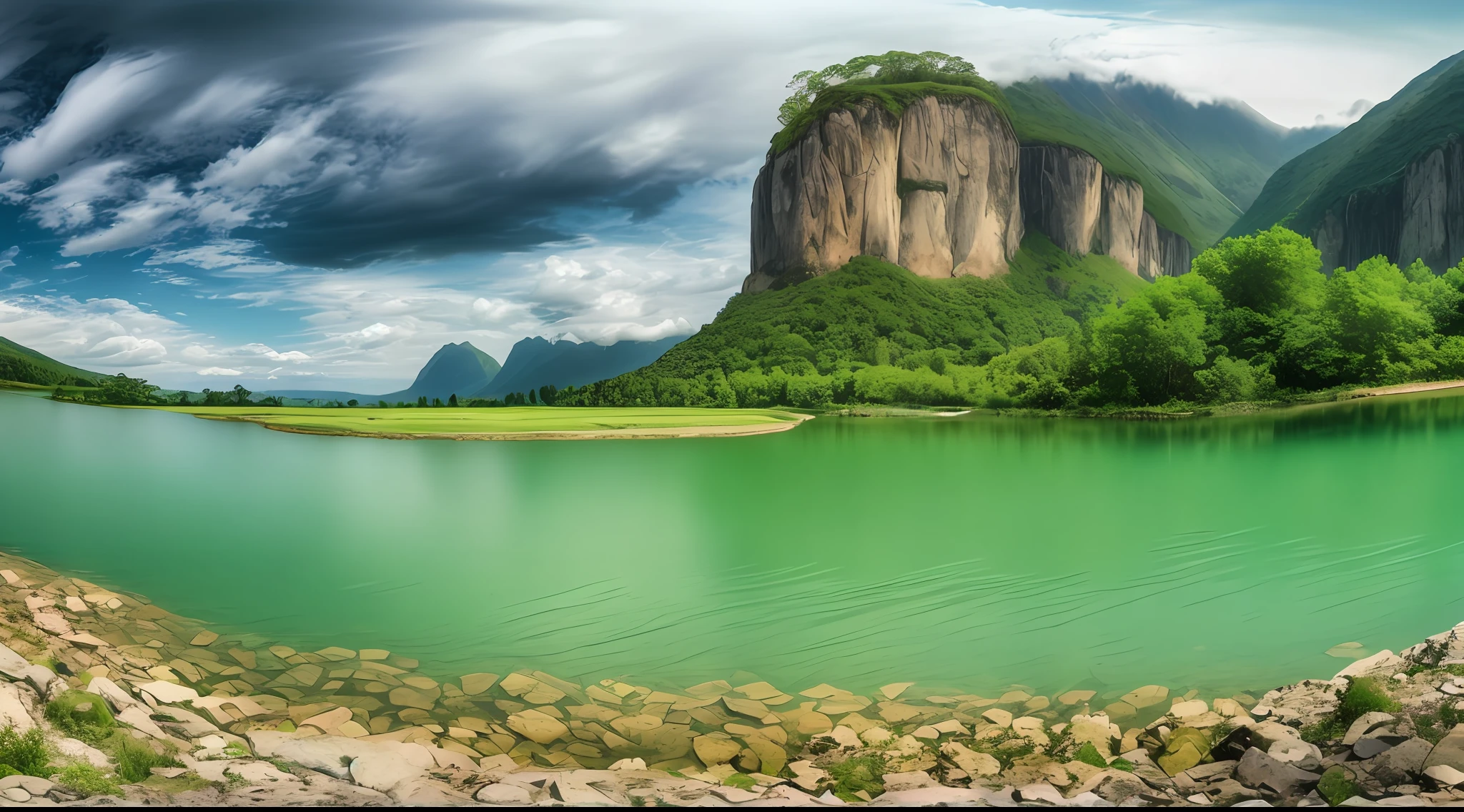 scenery, outdoor, sky, cloud, day, no humans, mountain, panorama, water, tree, blue sky, waterfall, cliff, nature, lake, river, cloudy sky