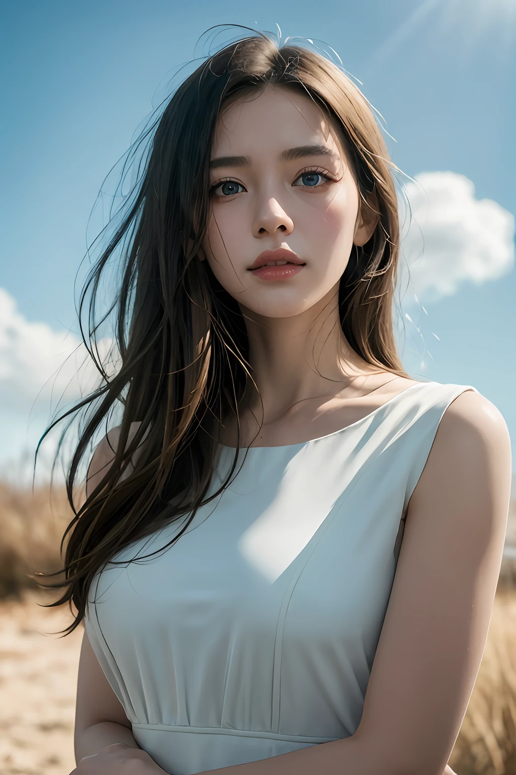 Chiaroscuro, Cinematic lighting, A high resolution, Best quality, 4K, High quality, High details, Super detail, Masterpiece,white dresses,tall nose bridge,Kizi,Messy beauty,Tano,with blue sky and white clouds,Dingdall effect,sun light,ssmile,adolable,hands behind body
