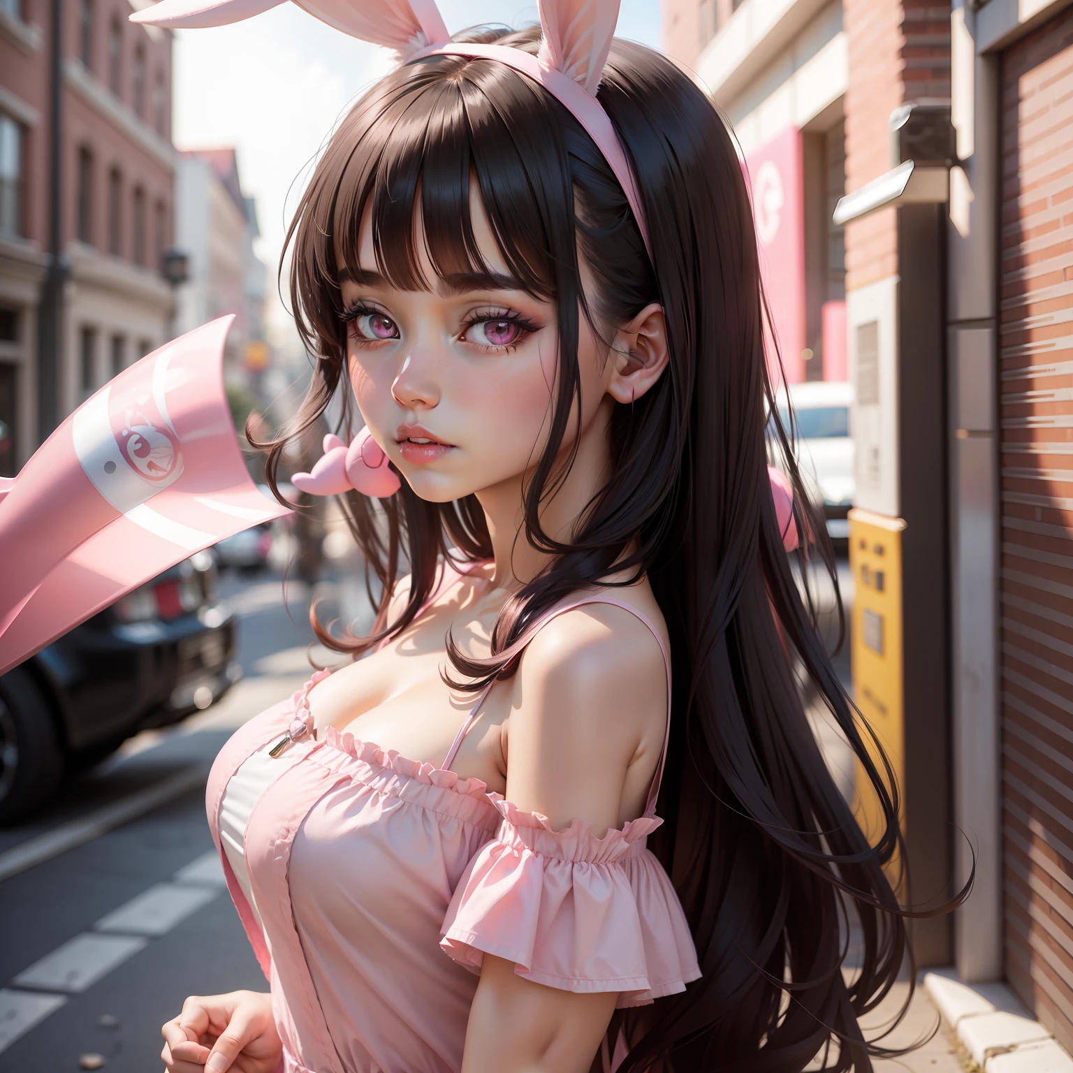 a women, pink bunny ears, black hair, pink eyes, pink dress