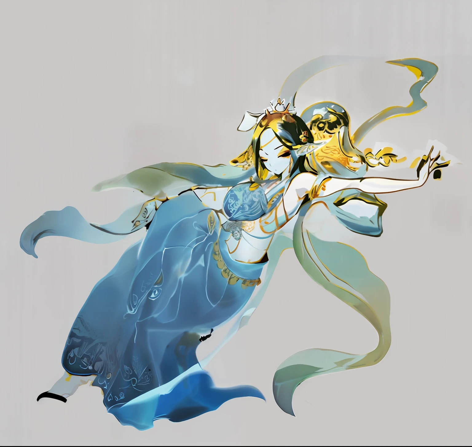 There is a painting，A woman holds a violin in her hand, jellyfish priestess, Asian Woman Water Elemental, beautiful and elegant elf queen, goddess of greek mythology, line art in colour, beautiful elf with ornate robes, a beautiful fantasy empress, palutena, line art in colour, gilded lotus princess, goddess of the sea, flowing hair and long robes，Dunhuang murals，