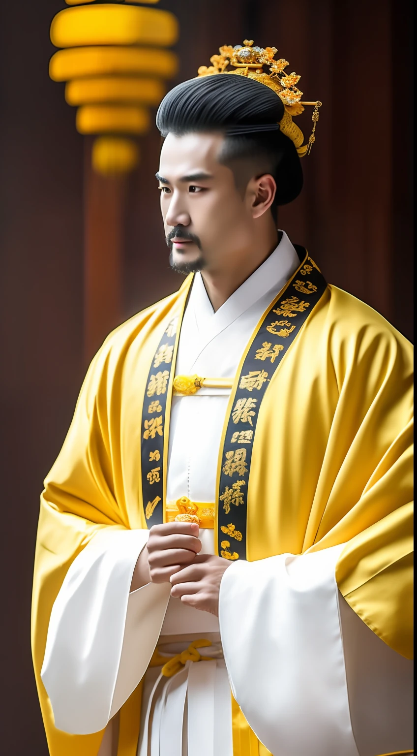 Masterpiece, Highest quality, (solofocus),, (High detail: 1.1),dojo,Yellow robe, Man, chinese crown, 1人,and white hair,超高分辨率 , Detailed background, realisticlying, wearing a detailed and intricate xianxia antique outfit