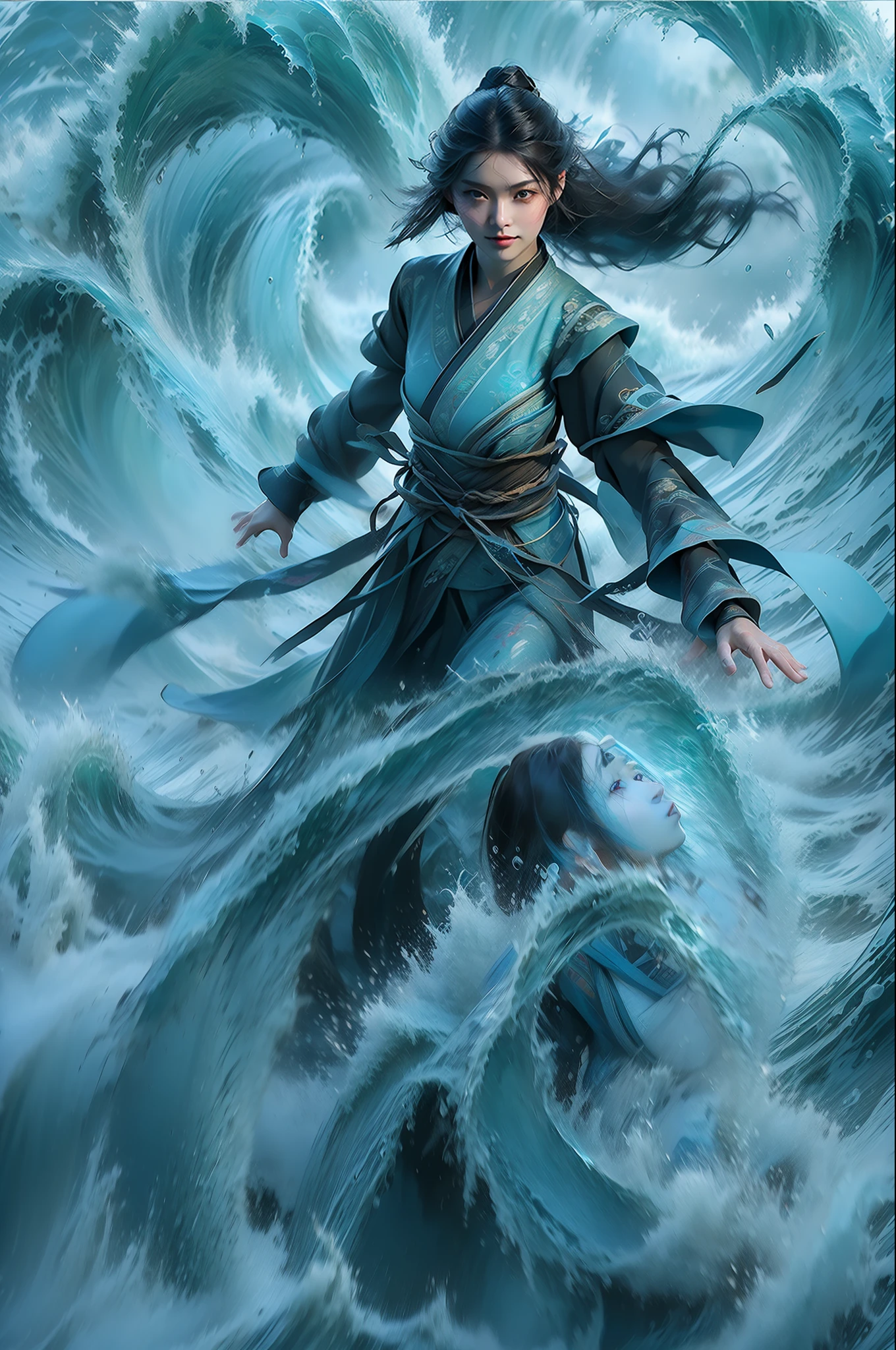 Best quality,masterpiece,ultra high res,,yushuishu,1girl,solo,black hair,water,waves,lips,full body,Hanfu，