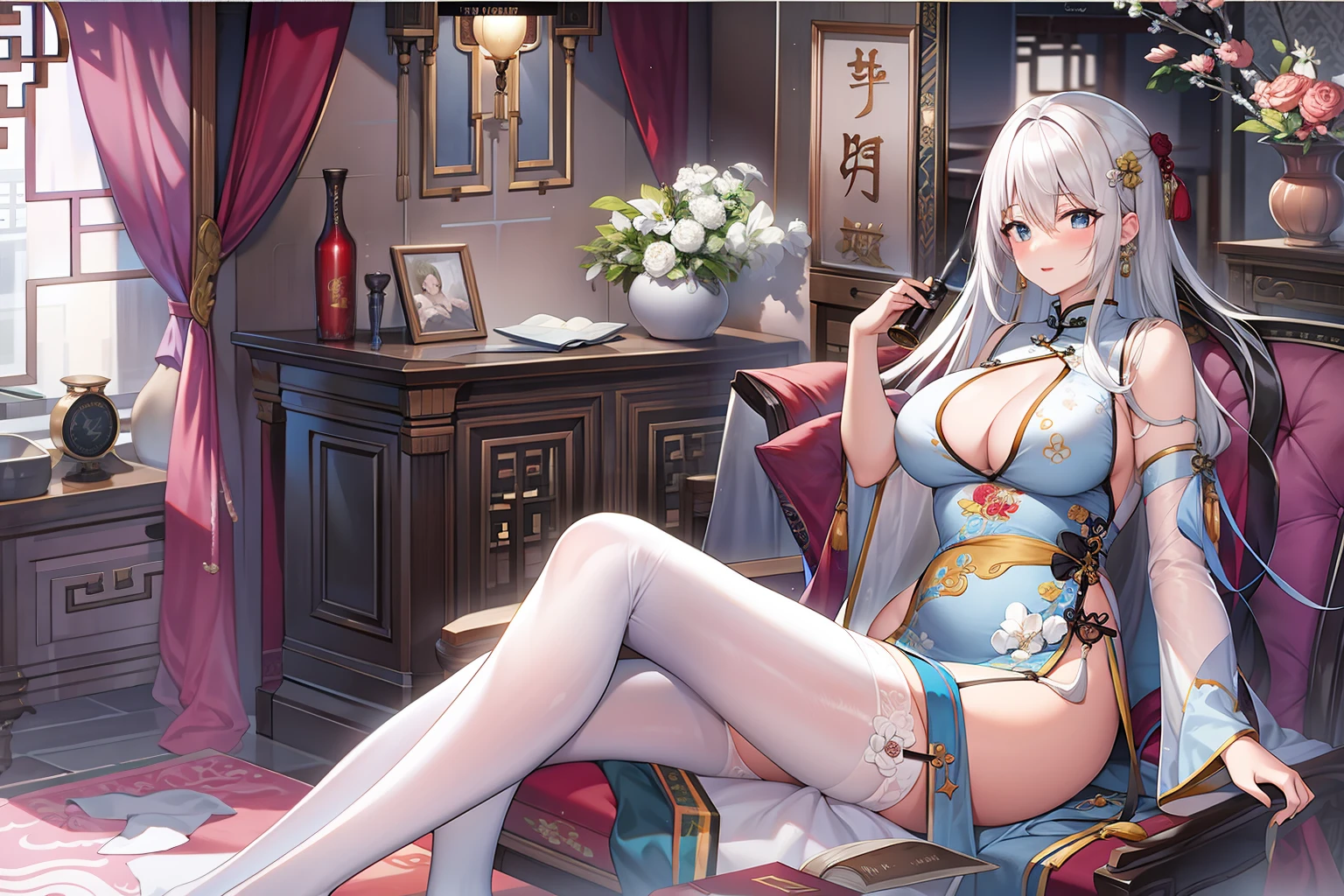 tmasterpiece,High quality,Condensation(the original god),China Cheongsam,Big breasts,Long-legged royal sister,blackstockings,Erotic lingerie,Erotic eyes,Long hair,White hair,