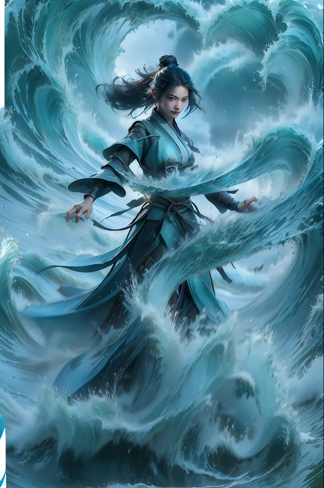 Best quality,masterpiece,ultra high res,,yushuishu,1girl,solo,black hair,water,waves,lips,full body,Hanfu，