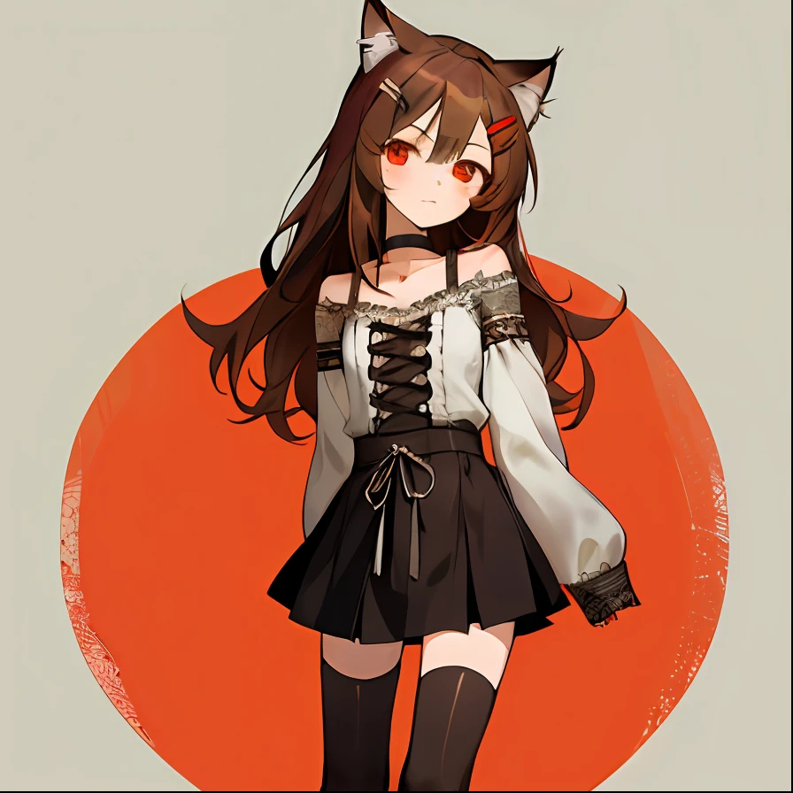 casual, armlet, sleeves past fingers, zettai ryouiki, ankle lace-up, head tilt, arms behind back, long hair, brown hair, hairclip, solo, 1girl, cat girl, cat ears, flat chest, choker, red eyes