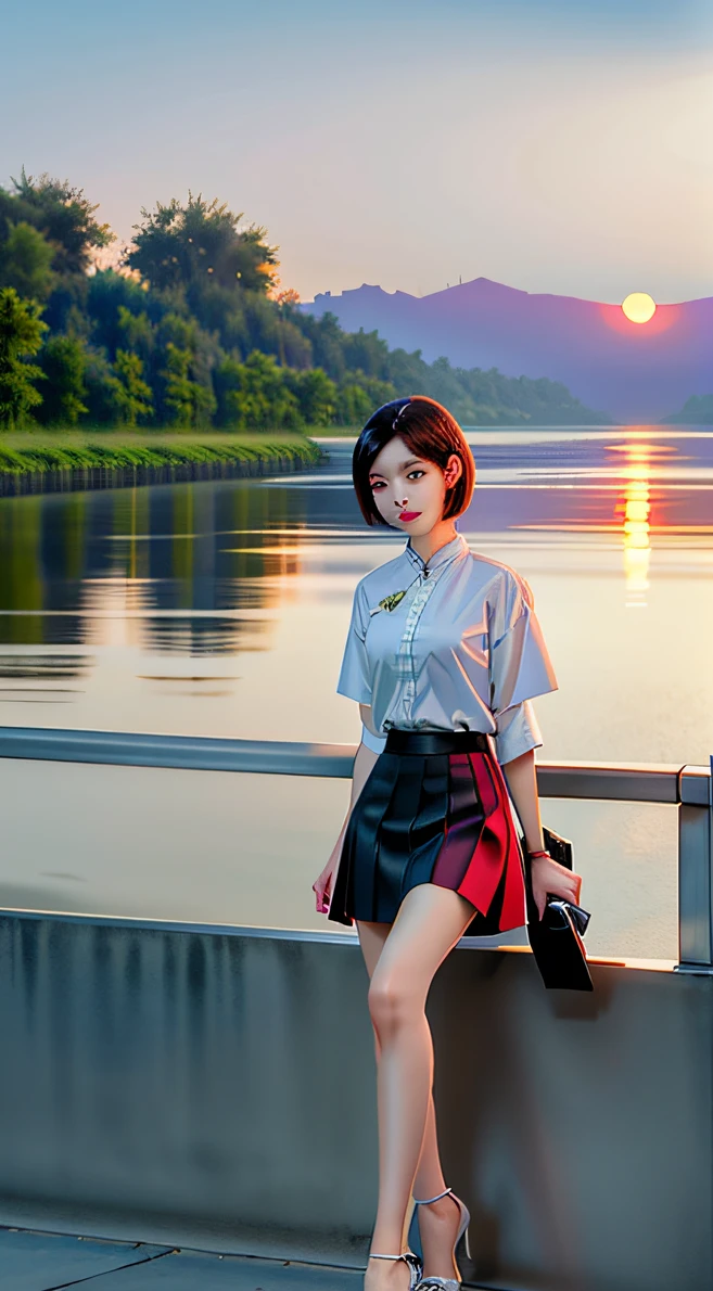 Photo Realistic Beauty Short Hair Chinese Style Long Legs Short Skirt Full Body Photos Big Eyes Riverside Leaning Bridge Summer High Heels Sunset