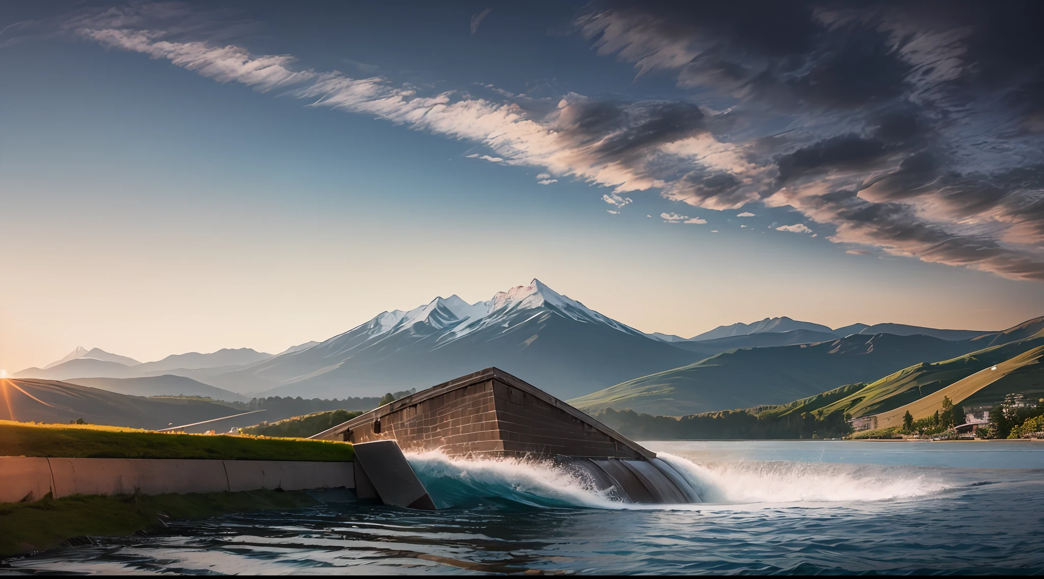 (A lake with a water Dam, Control water, waves.) mountains behind it, a sunset landscape, a rock in front, a boat, Canon 50m lens effect, focused gaze in the middle, detailed, 8k, fantastic, natural, --auto --s2