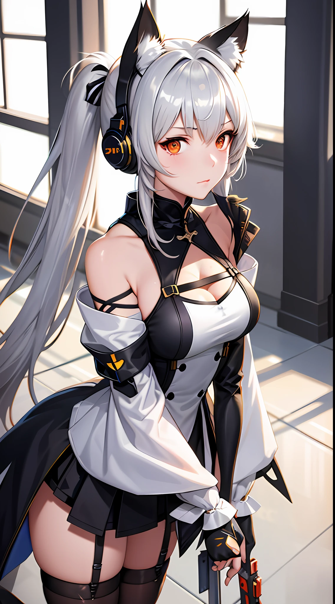 Close-up of a man in a cat's ears costume, from girls frontline, From Arknights, Silver hair (pony tails), Guweiz on ArtStation Pixiv, Anime character art, Female action anime girl, Guvez in Pisif