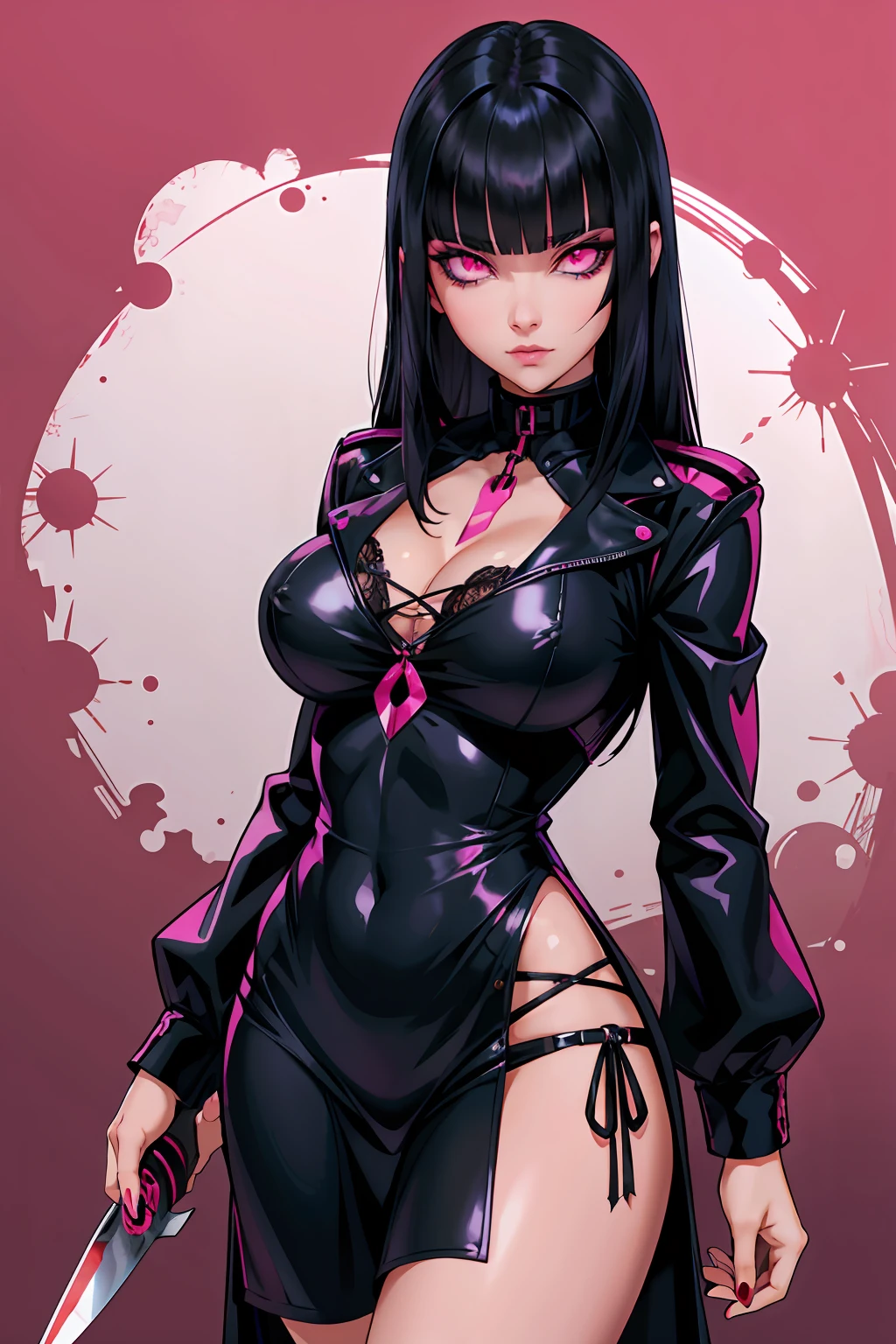 Pyscho Girl Black Hair with bangs pink eyes goth knife blood