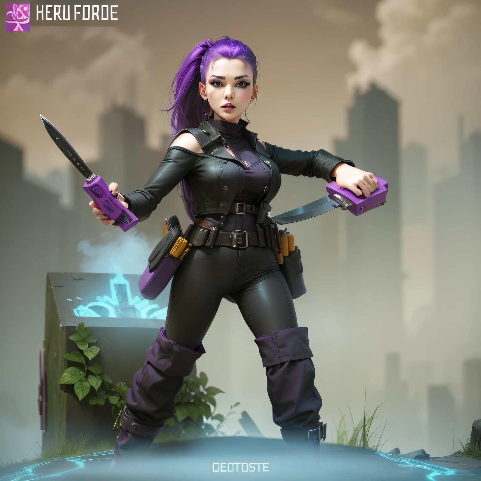 woman, young, 23 years old, sexy, holding two knives, purple hair, purple lipstick.