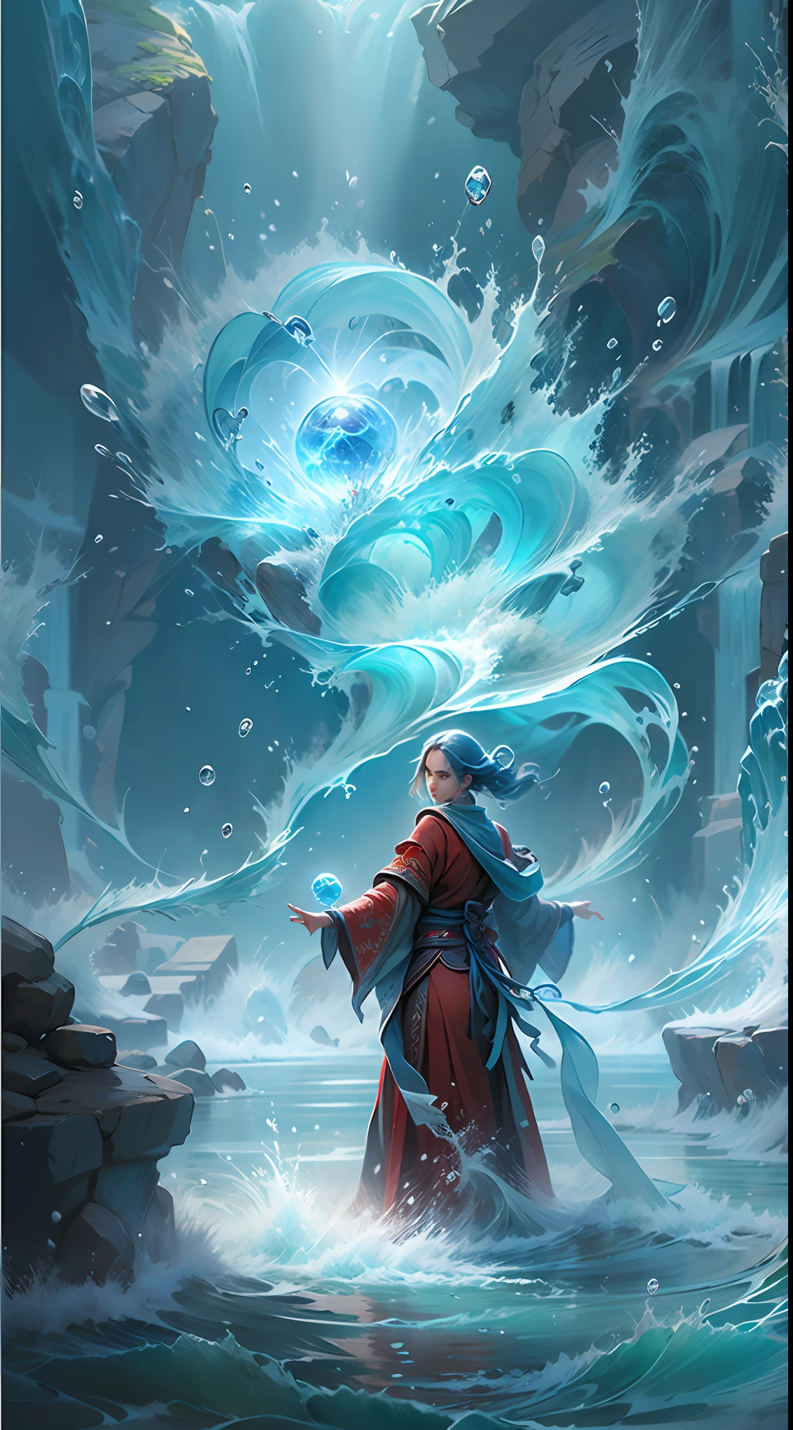 Countless streams of water converge at the age of 3（Red robe：1.4）A transparent blue water ball in front of the little baby girl，crystal-clear，Eau，water flowing，drippy，Around the girl，Combines the power of water and ice elements，Create powerful ice storms，Freeze surrounding enemies and deal extensive freeze damage，high qulity，8K分辨率，tmasterpiece，Works of masters，super-fine，Water depicts details，复杂