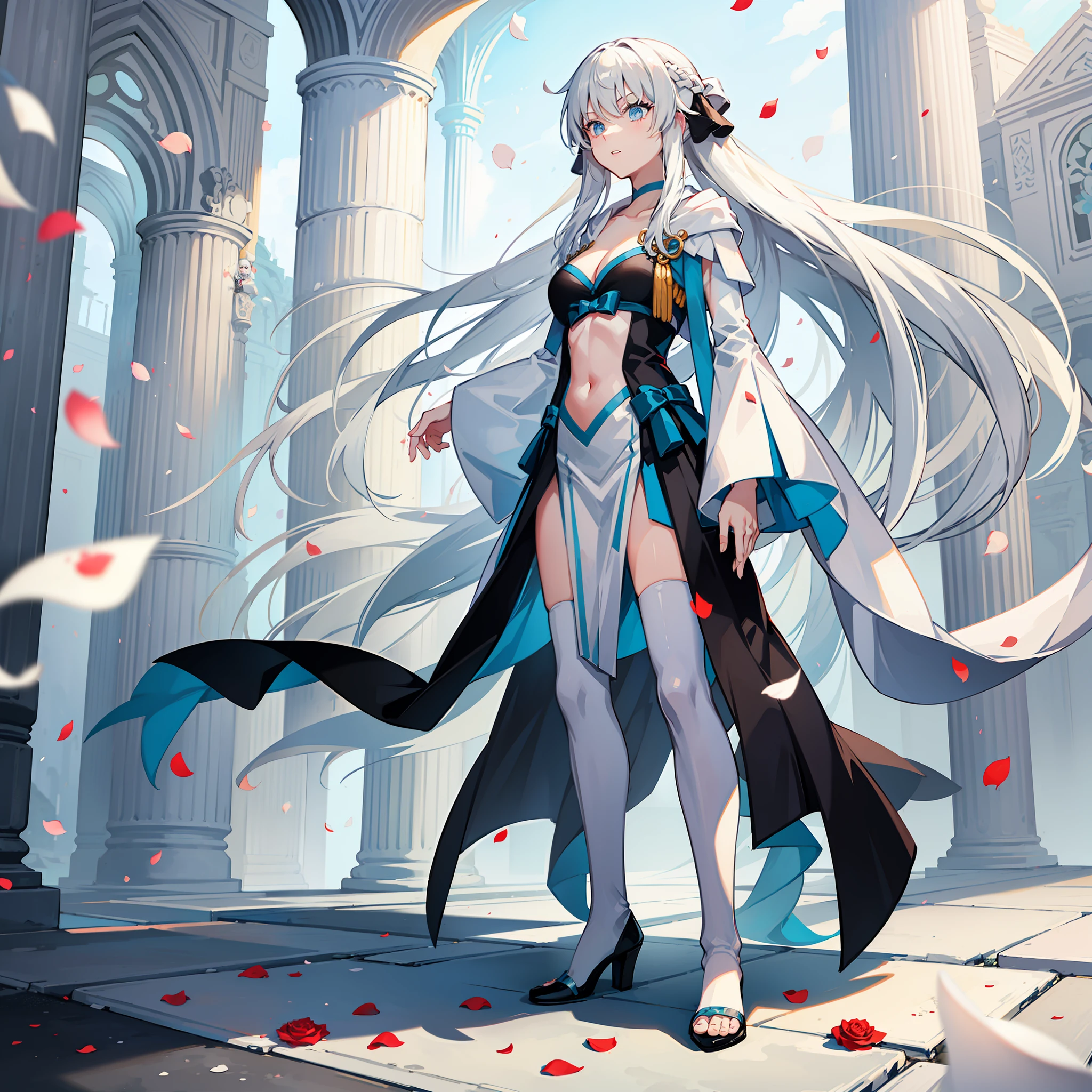 A white-haired girl stands on the ground full of rose petals