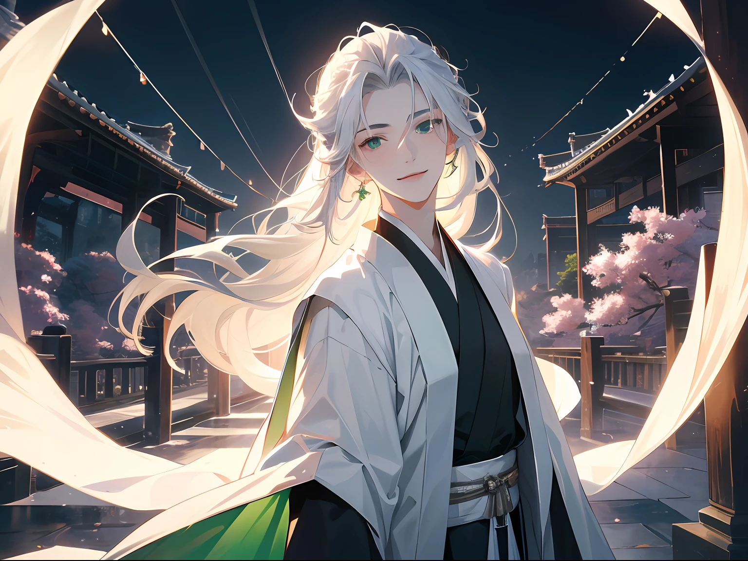 tmasterpiece，Ultra-clear image quality，1 man，20yr old，，white color hair，Hanfu，Greet with a smile，1 woman， old，Long black hair fluttering，Green eyes，ssmile，Pale green hanfu，Look up at the perspective，，Background with:Inside the moonlit garden，