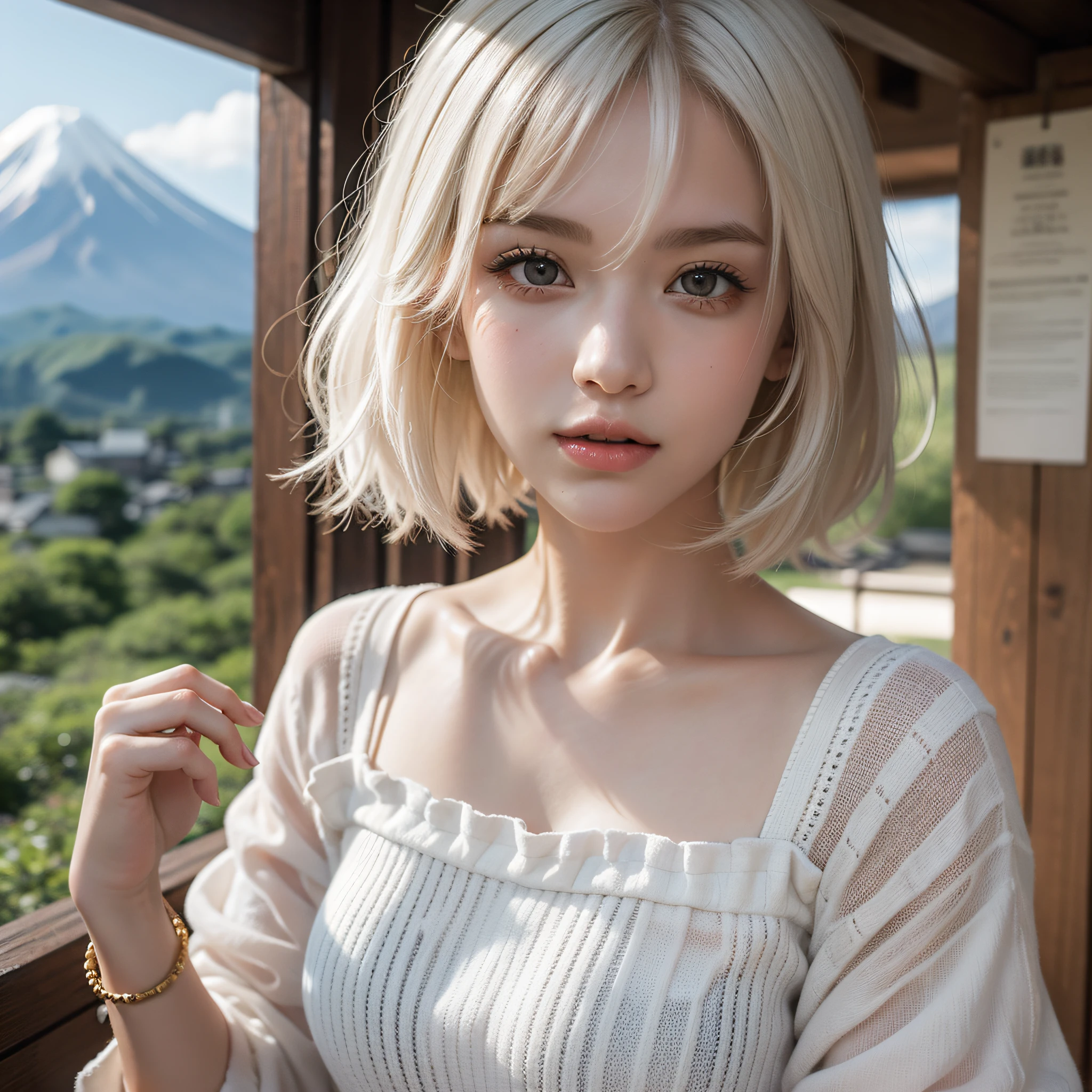 A European and American girl with short white hair and a gorgeous personality,In the magnificent background of Mt. Fuji