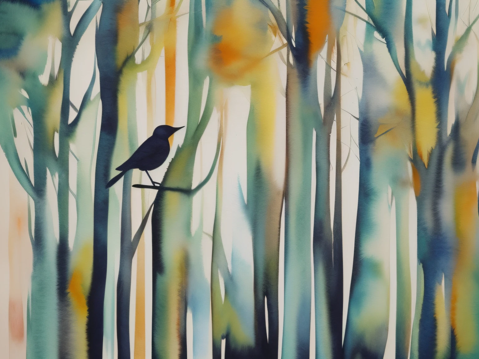 modern watercolor abstract forest Bird artwork, bold tones, liquid texture, lines