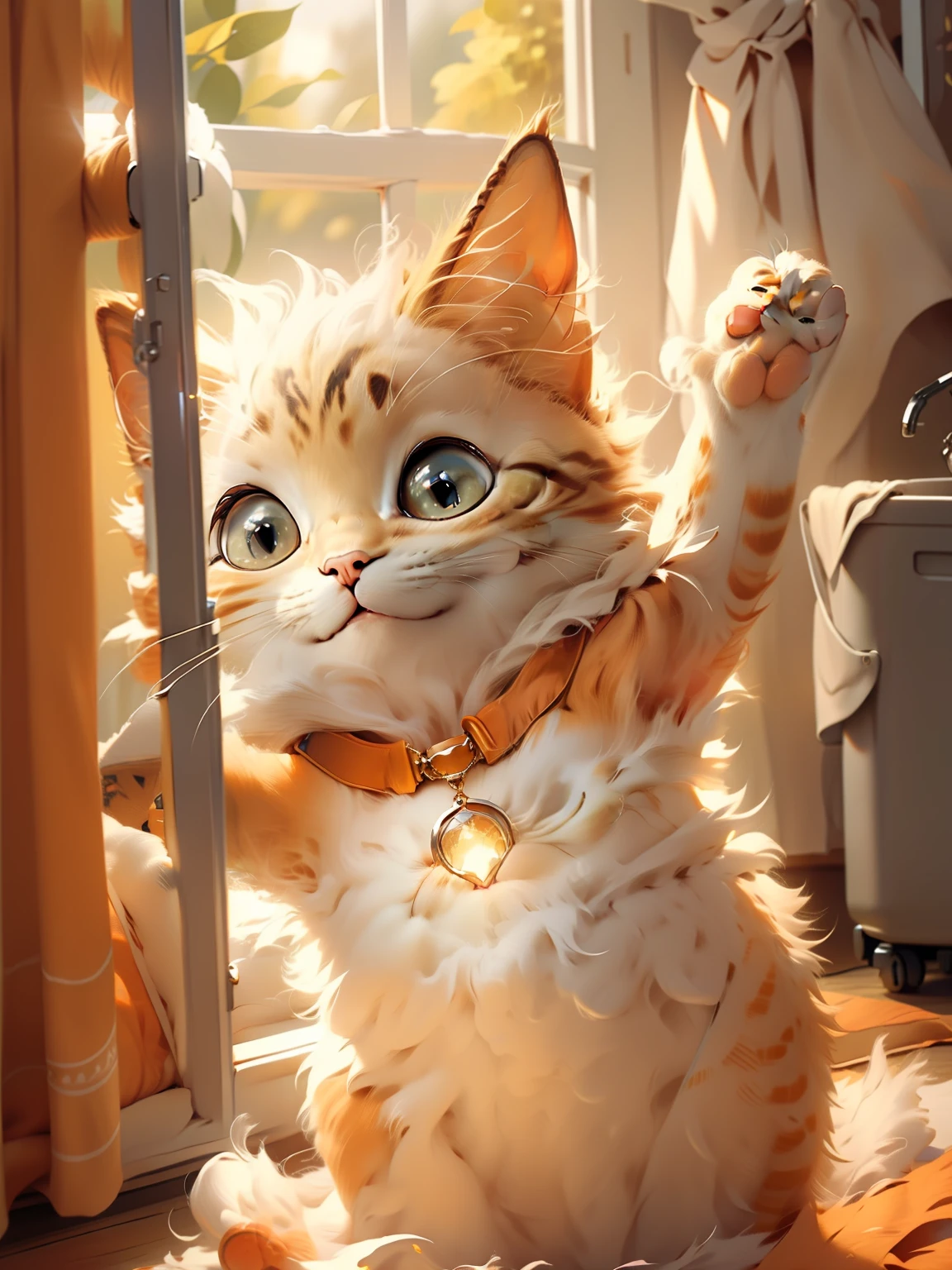 Orange kitten,ssmile,Raise one front paw,The light from the back window is backlighted,The edges glow