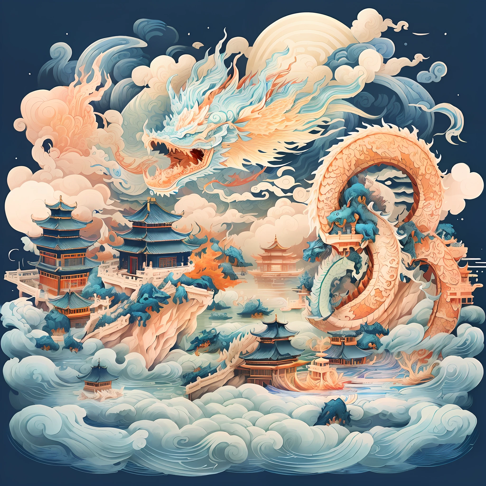 Illustration of dragons and dragon boats in bodies of water, A beautiful artwork illustration, intricate fantasy painting, a dragon made of clouds, majestic japanese dragon, highly detailed digital artwork, cyan chinese dragon fantasy, Highly detailed digital art, Intricate detail painting, Intricate and colorful masterpieces, china silk 3d dragon, intricate digital painting, Chinese fantasy, Chinese dragon concept art and embroidery style