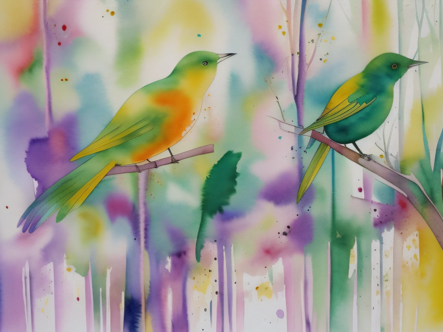 modern watercolor abstract forest Bird artwork, bold tones, liquid texture, lines