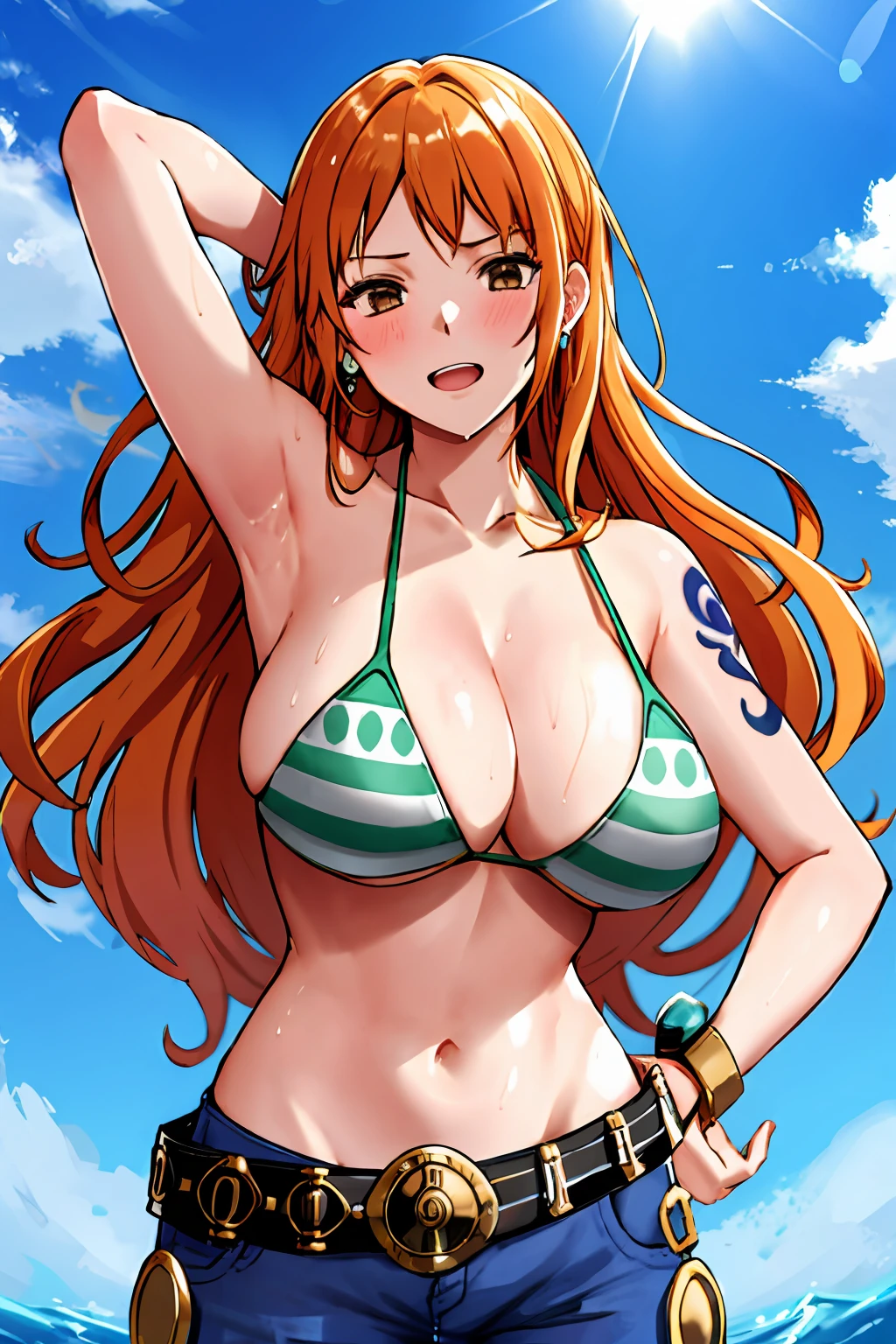 detailed background, masterpiece, 4k, best quality, late youth, adult, wrestler body, 1girl, active, energic, uppercut, (large mouth) , solo, nami \(one piece\), 1girl, bangle, (very wet, drenched in sweat, sweat all over body, very wet hair, tired, taking breath, open mouth, exhausted, shouting, sweaty face, sweaty body, panting, sweating too much, shiny sweat, sweaty armpit, leaning, hands on ), perfect detailed face, bold drawing lines, muscular arms, detailed bold arm lines, flat jaw, adult woman, wavy wide streaked bangs, floating bang, (big cheeks),  shoulders, off-shoulders, belt, ,  top only, blue sky, bracelet, springy ,  lines, big round eyes, very big brown shiny eyes, bubbles, high eye position, cleavage, cloud, day, denim, earrings, floating hair, shiny hair, green belt, green , bold groin lines, jeans, jewelry, , log pose, long hair, looking at viewer, navel, wet hair, orange hair, pants, shoulder tattoo, sidelocks, sky, solo, standing, stomach, swimsuit, tattoo , looking at viewer, open mouth, detailed left arm, big forehead, hourglass figure, small head, toned body, wide hair, wind effect, sun effect, under the sun, narrow small ears angle, older, random poses,