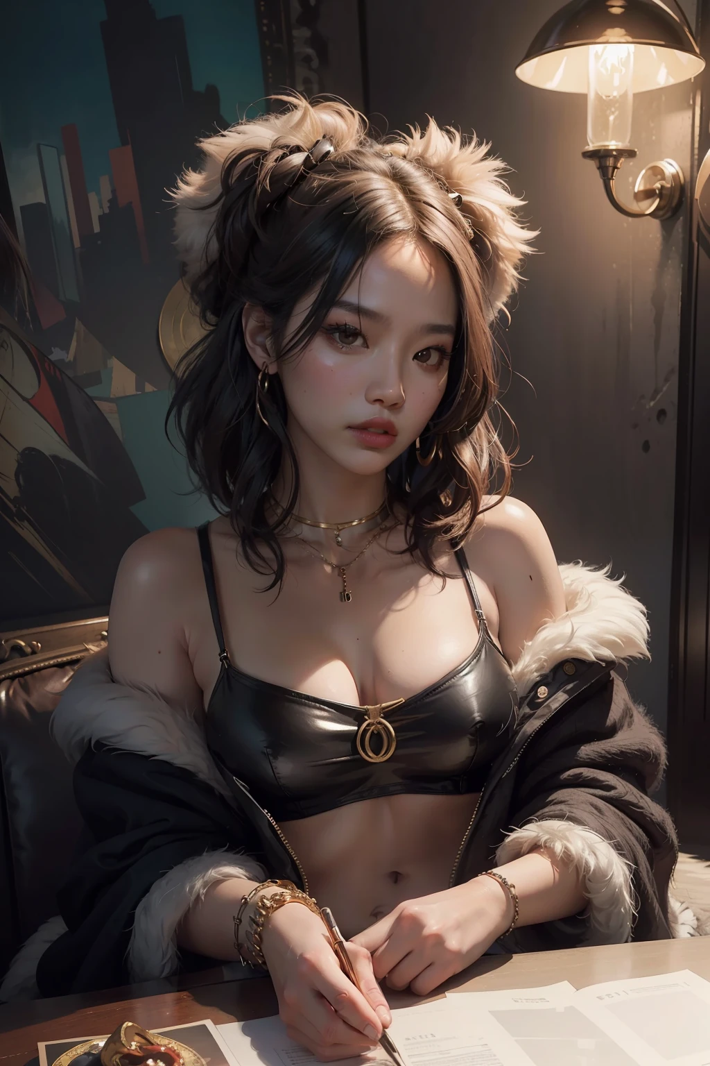 1girl, waist up, art by Ian Davenport,art by Cecily Brown,  concept art, Portait of a Moody [shu qi:Jennifer Lawrence:5], wearing Eclectic Fur Fringe top, Ruff, Anklet, Makeup, Cosy, loop lighting, 80mm, official art, unity 8k wallpaper, ultra detailed, aesthetic, masterpiece, best quality, photorealistic