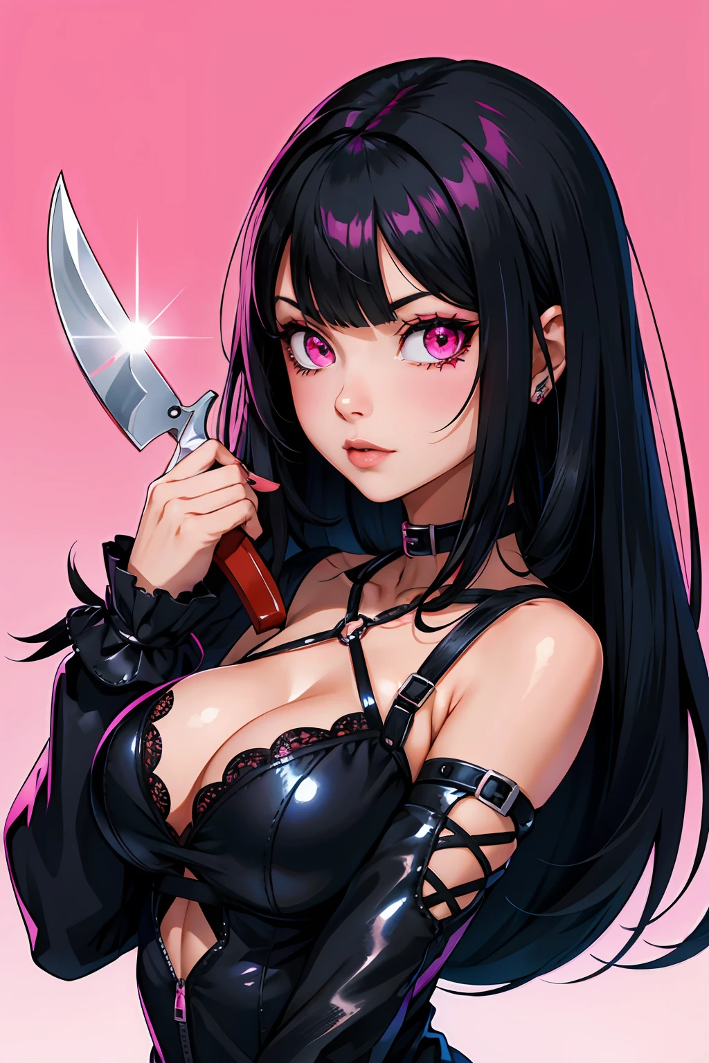 Pyscho Girl black hair with pink bangs gothic eyes knife blood